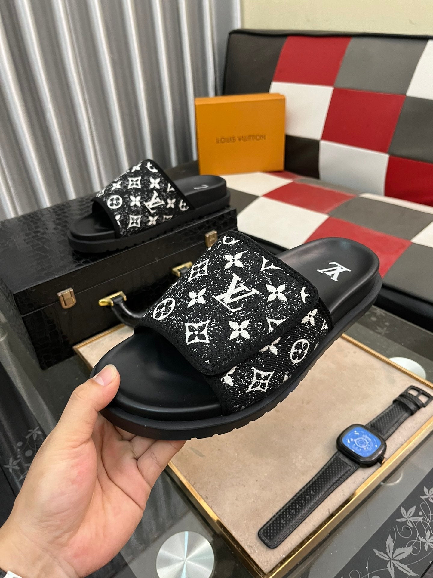 MIAMI MULE IN BLACK MIX WHITE MONOGRAM JACQUARD