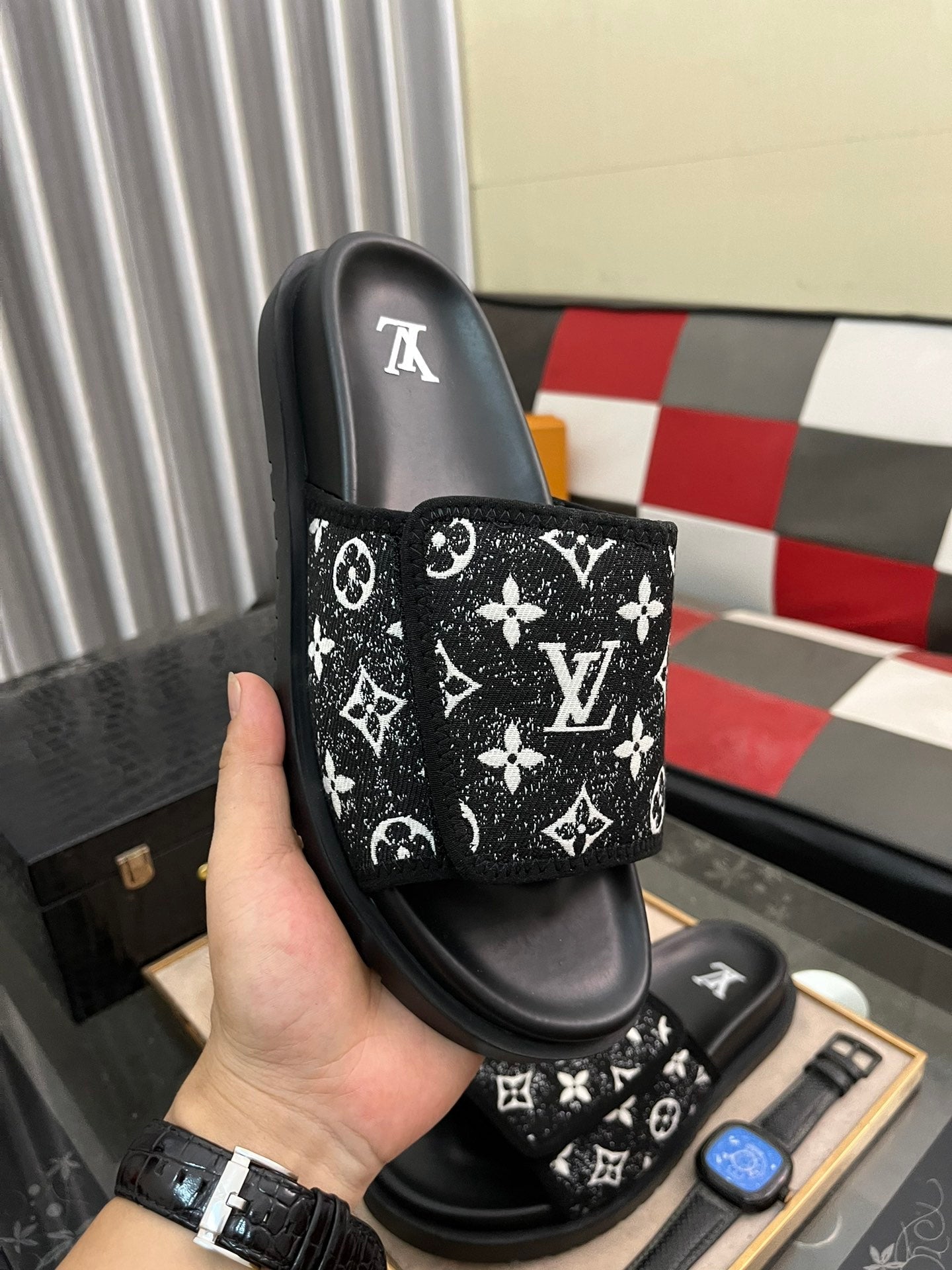 MIAMI MULE IN BLACK MIX WHITE MONOGRAM JACQUARD