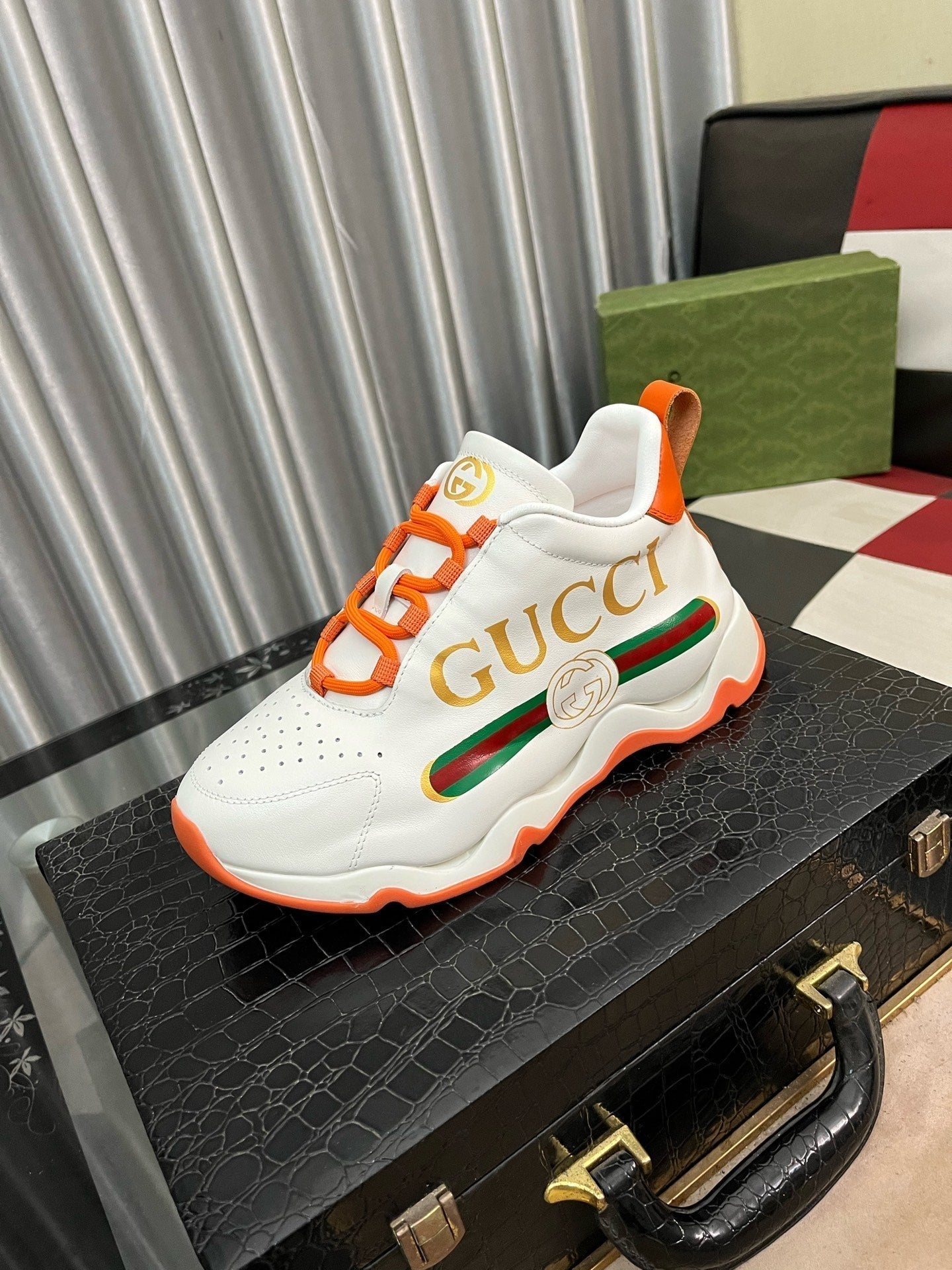GG Men's Sneaker White Orange Cowhide 529926