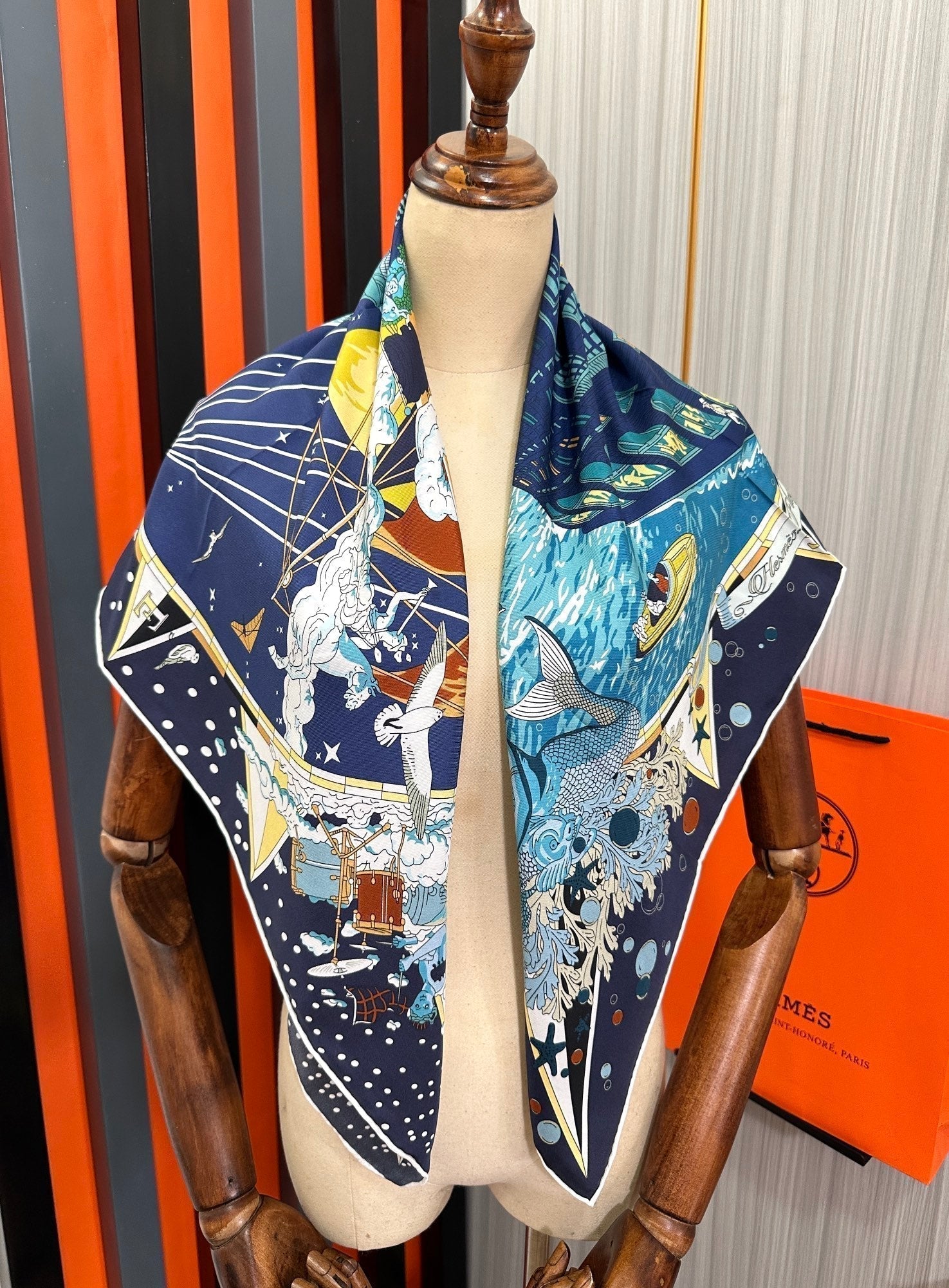 Flagship Silk Scarf 90 CM Charcoal Blue Colorful