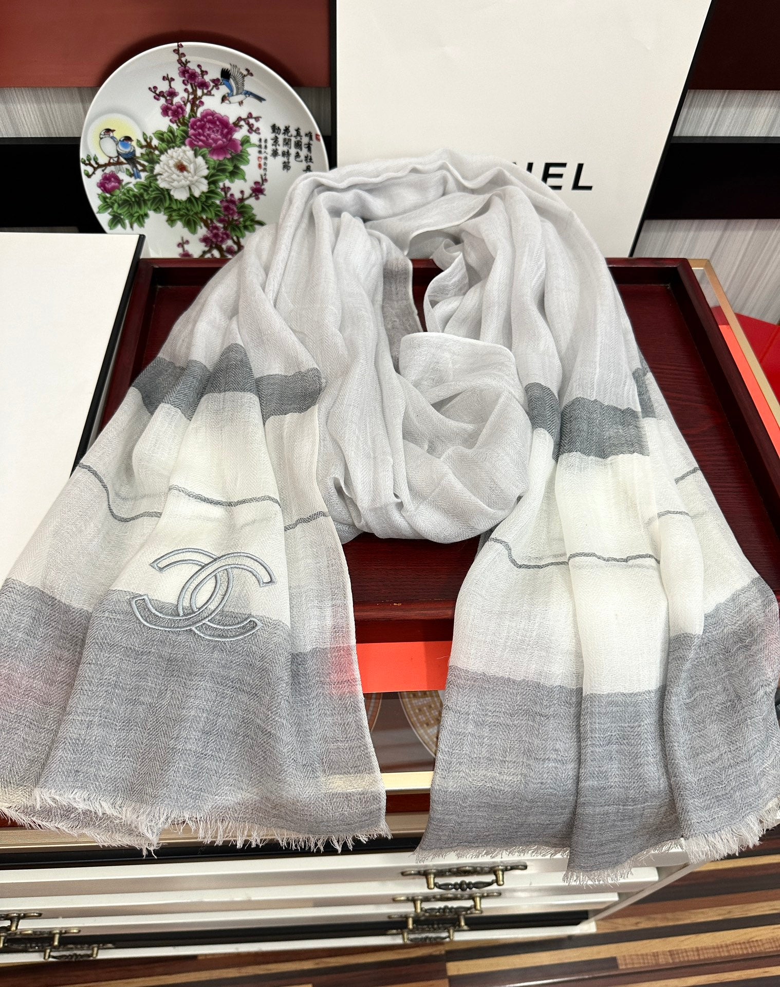 CC Scarf 200 CM In White Mix Light Grey Linen Fabric 423097