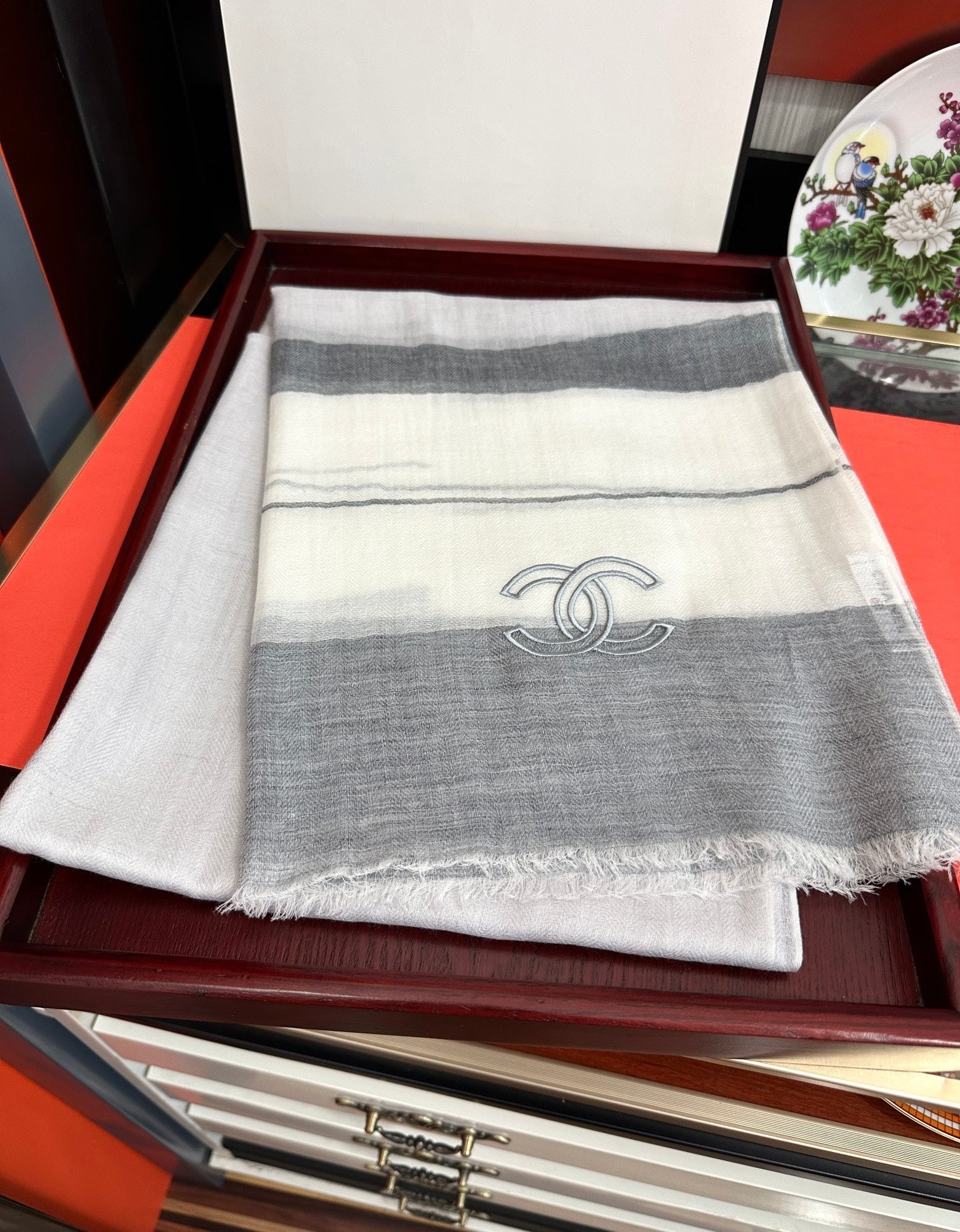 CC Scarf 200 CM In White Mix Light Grey Linen Fabric 423097
