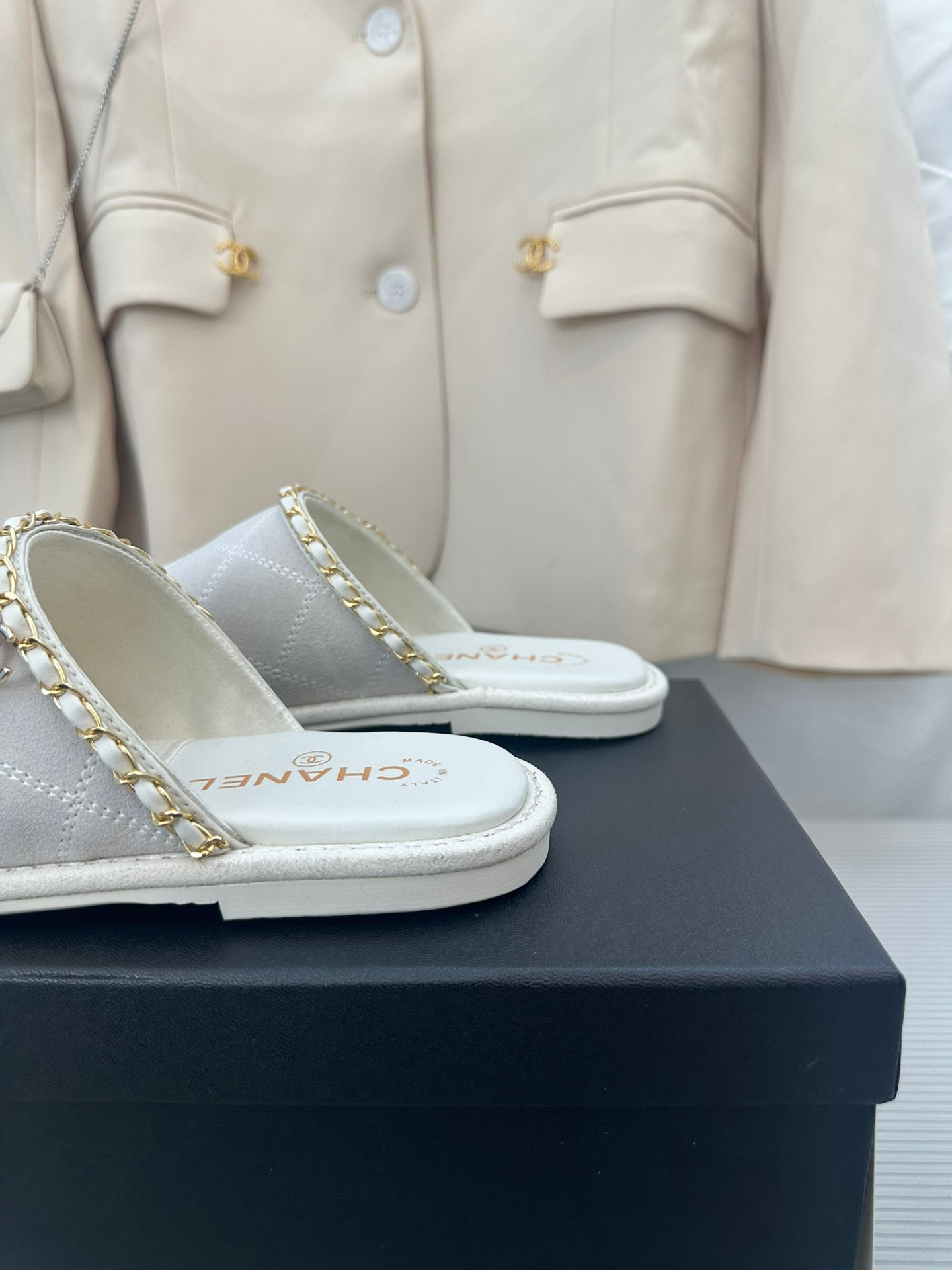 CC White Suede Gold Chain Mules