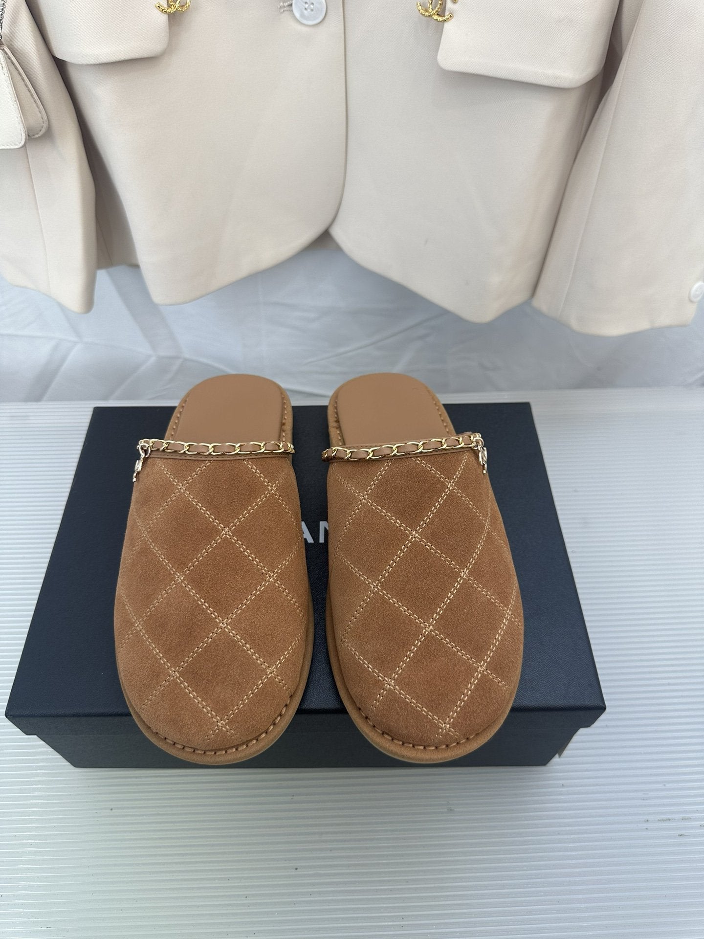 CC Brown Suede Gold Chain Mules