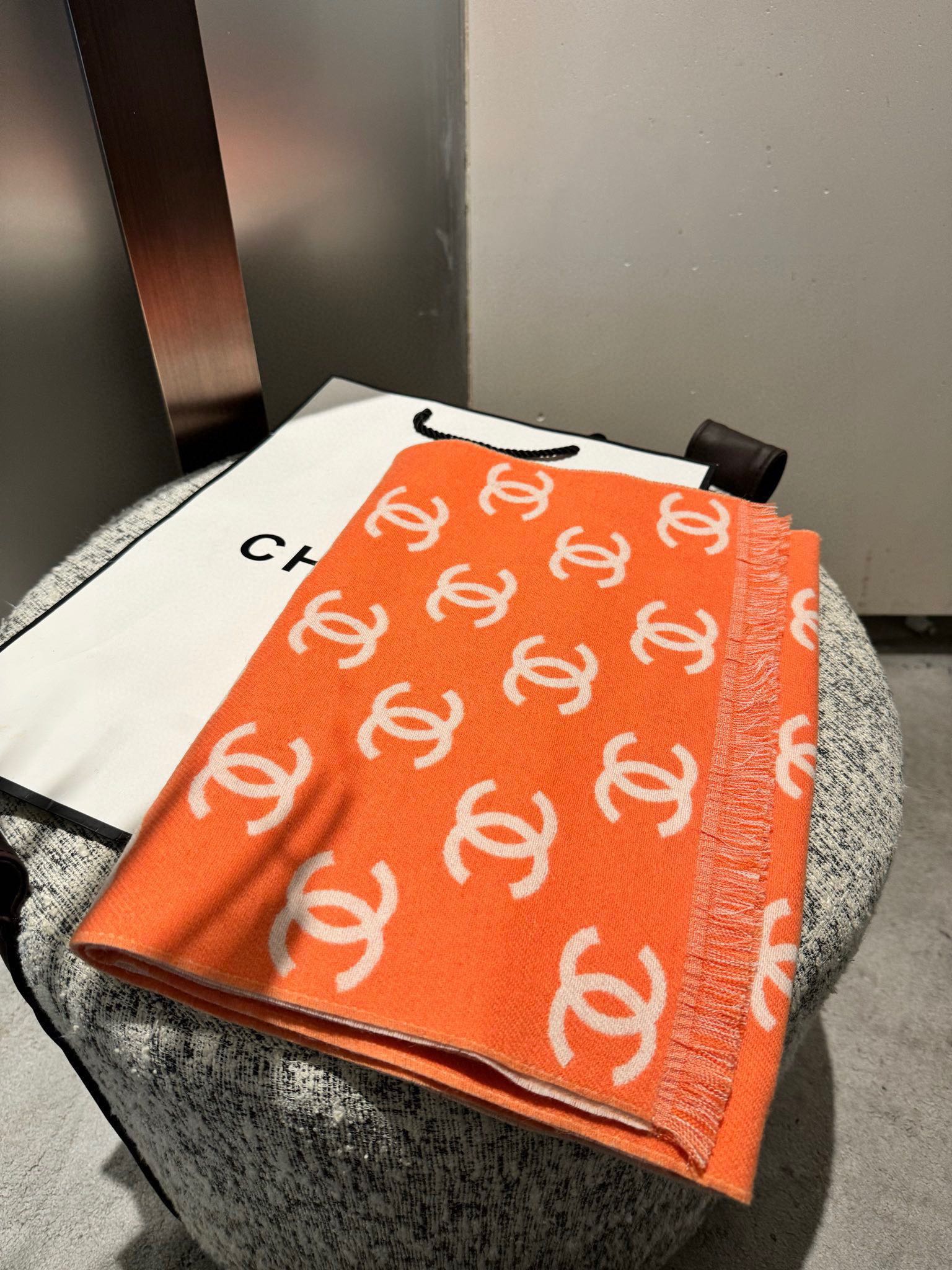 CC Scarf 180 CM In Orange Mix Beige Print Logo Wool And Cashmere 359269