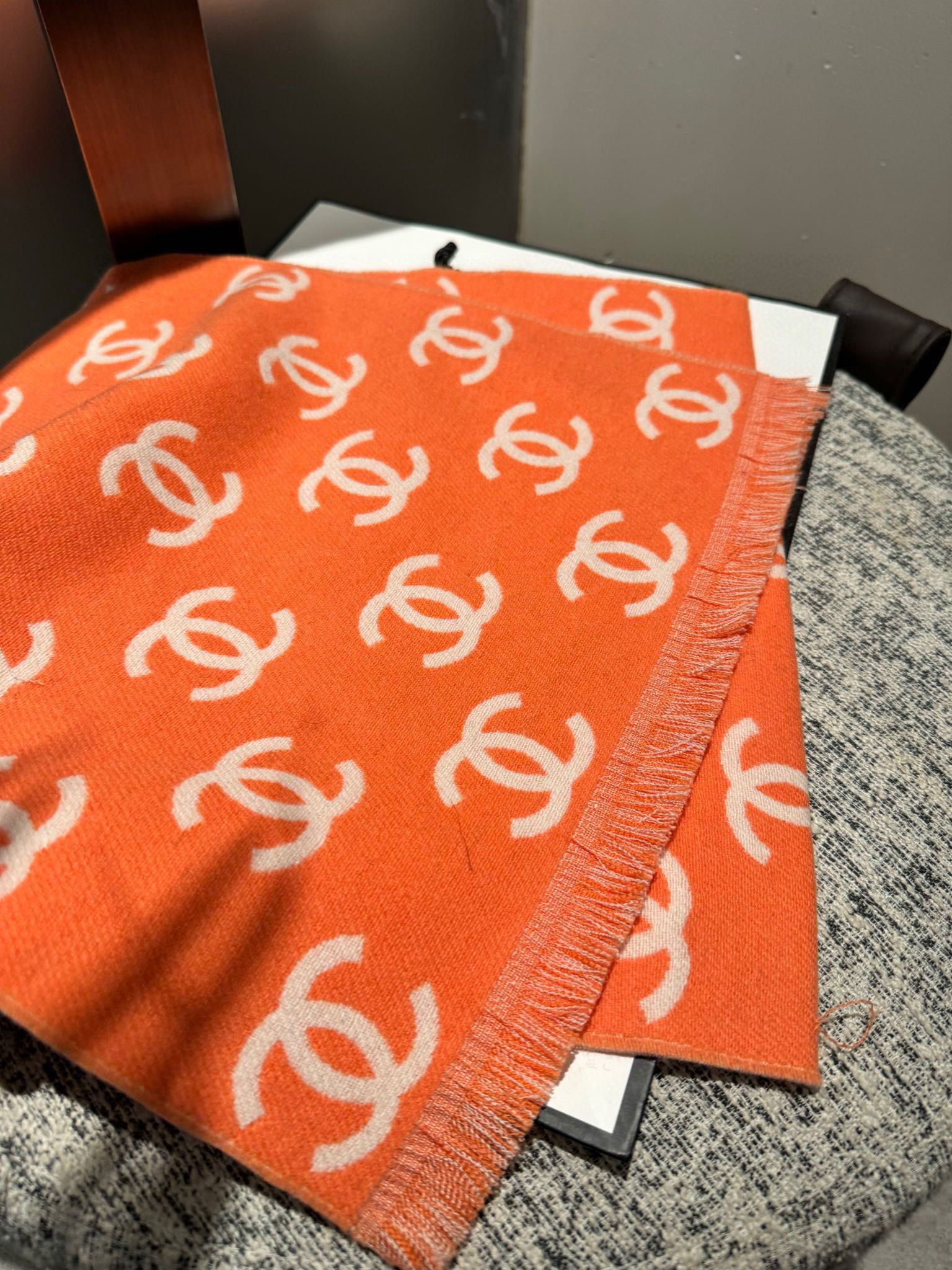 CC Scarf 180 CM In Orange Mix Beige Print Logo Wool And Cashmere 359269