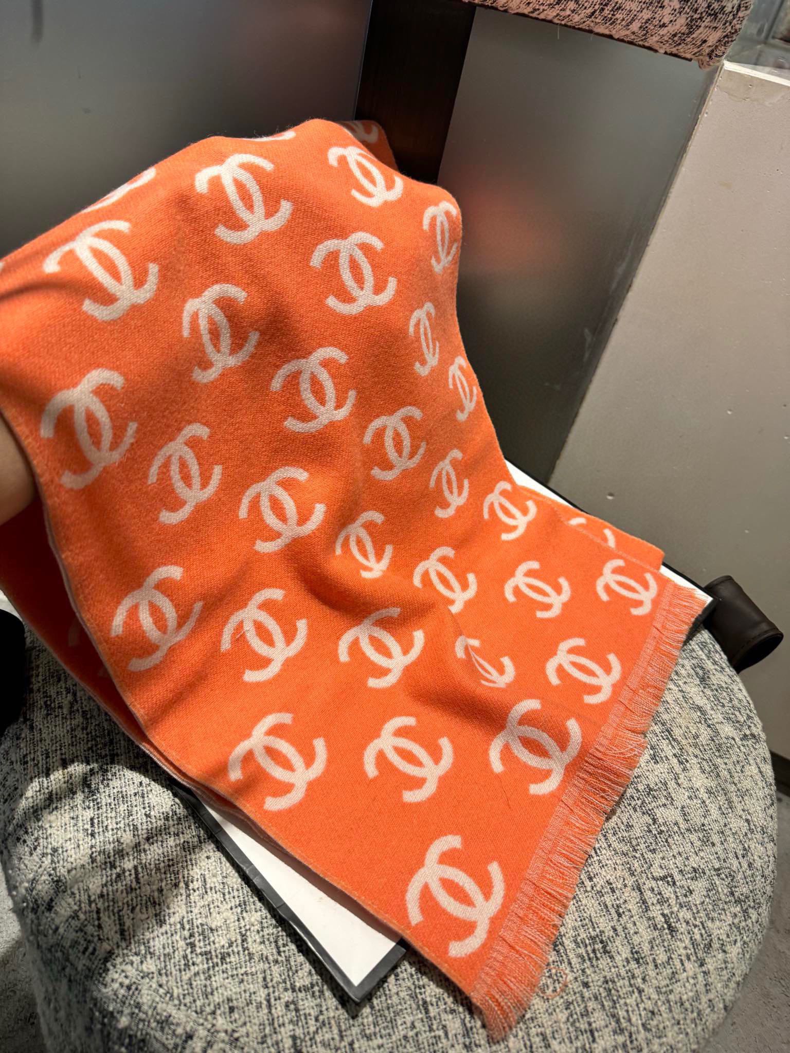 CC Scarf 180 CM In Orange Mix Beige Print Logo Wool And Cashmere 359269