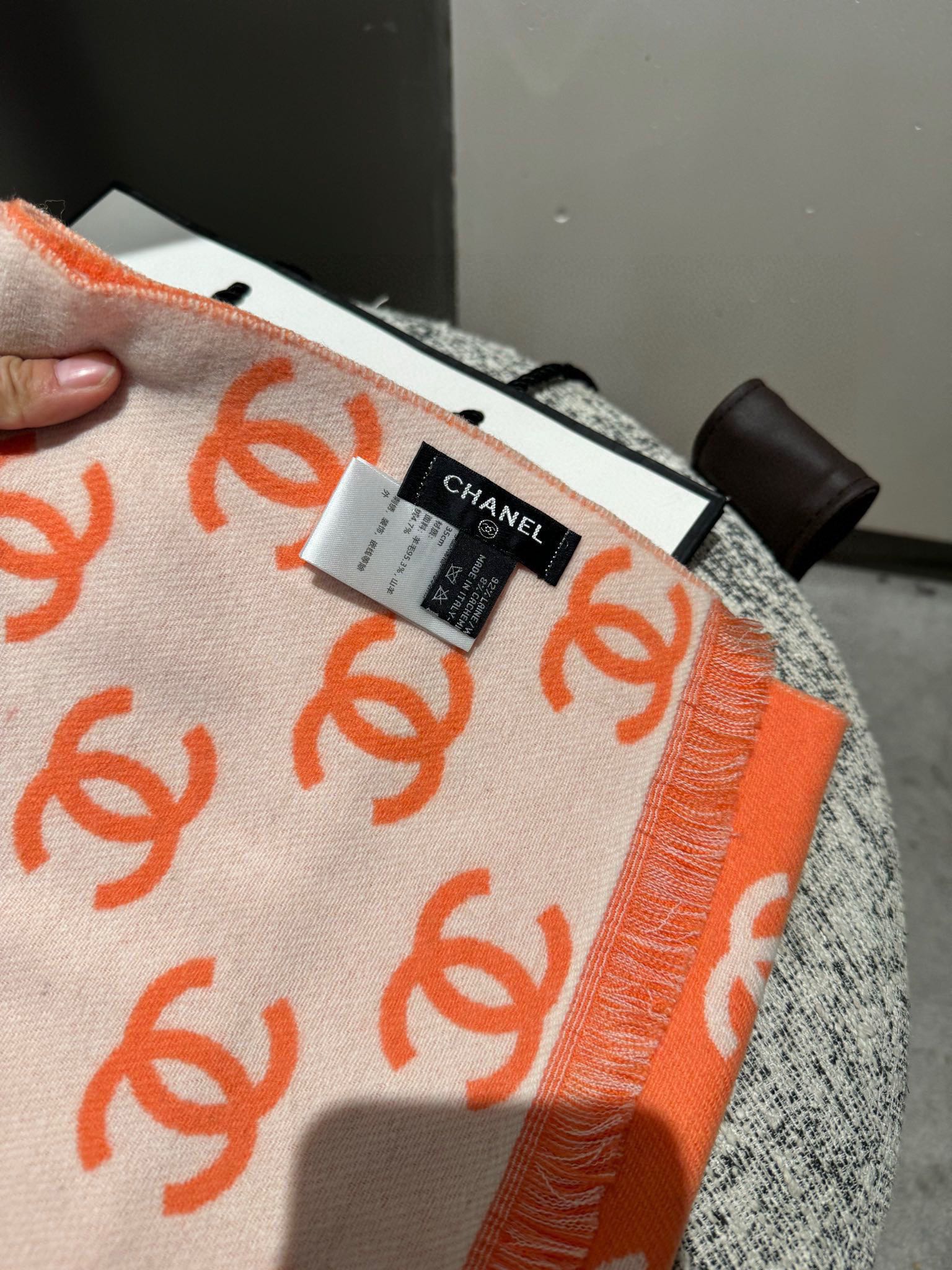 CC Scarf 180 CM In Orange Mix Beige Print Logo Wool And Cashmere 359269
