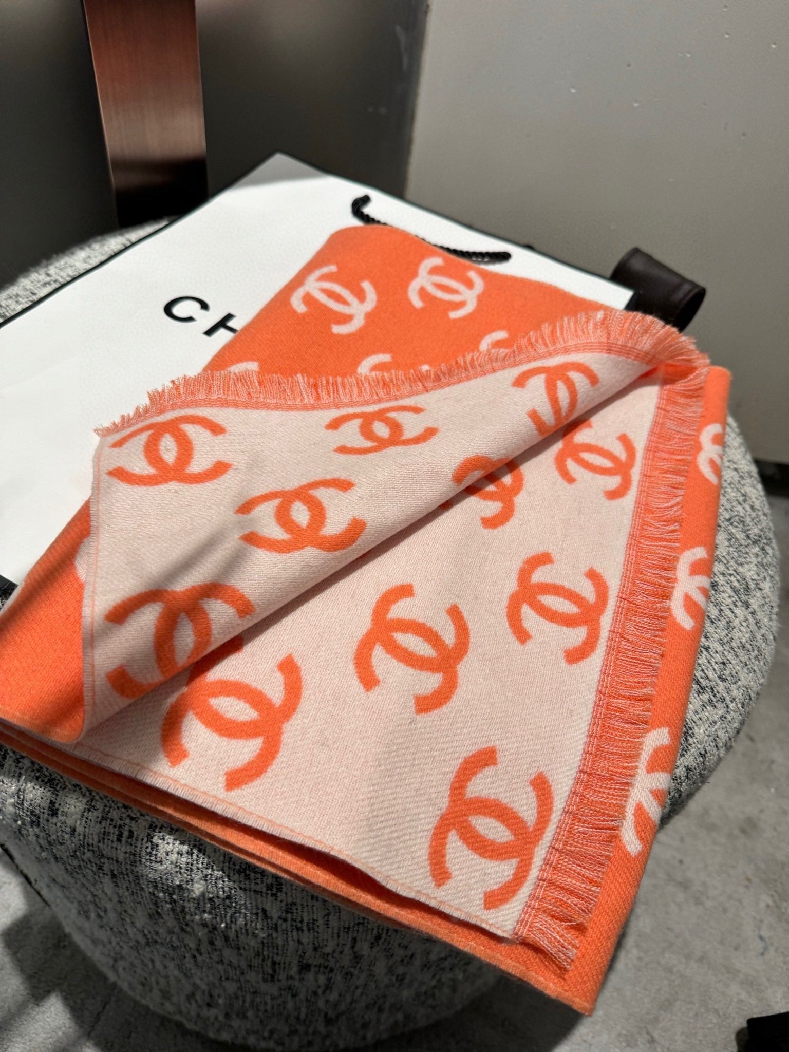 CC Scarf 180 CM In Orange Mix Beige Print Logo Wool And Cashmere 359269