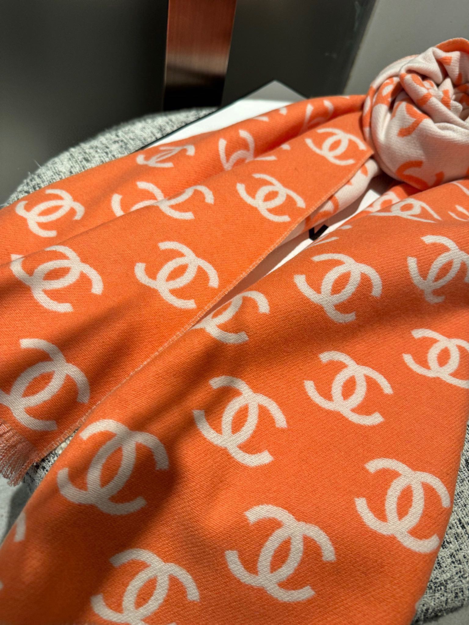 CC Scarf 180 CM In Orange Mix Beige Print Logo Wool And Cashmere 359269