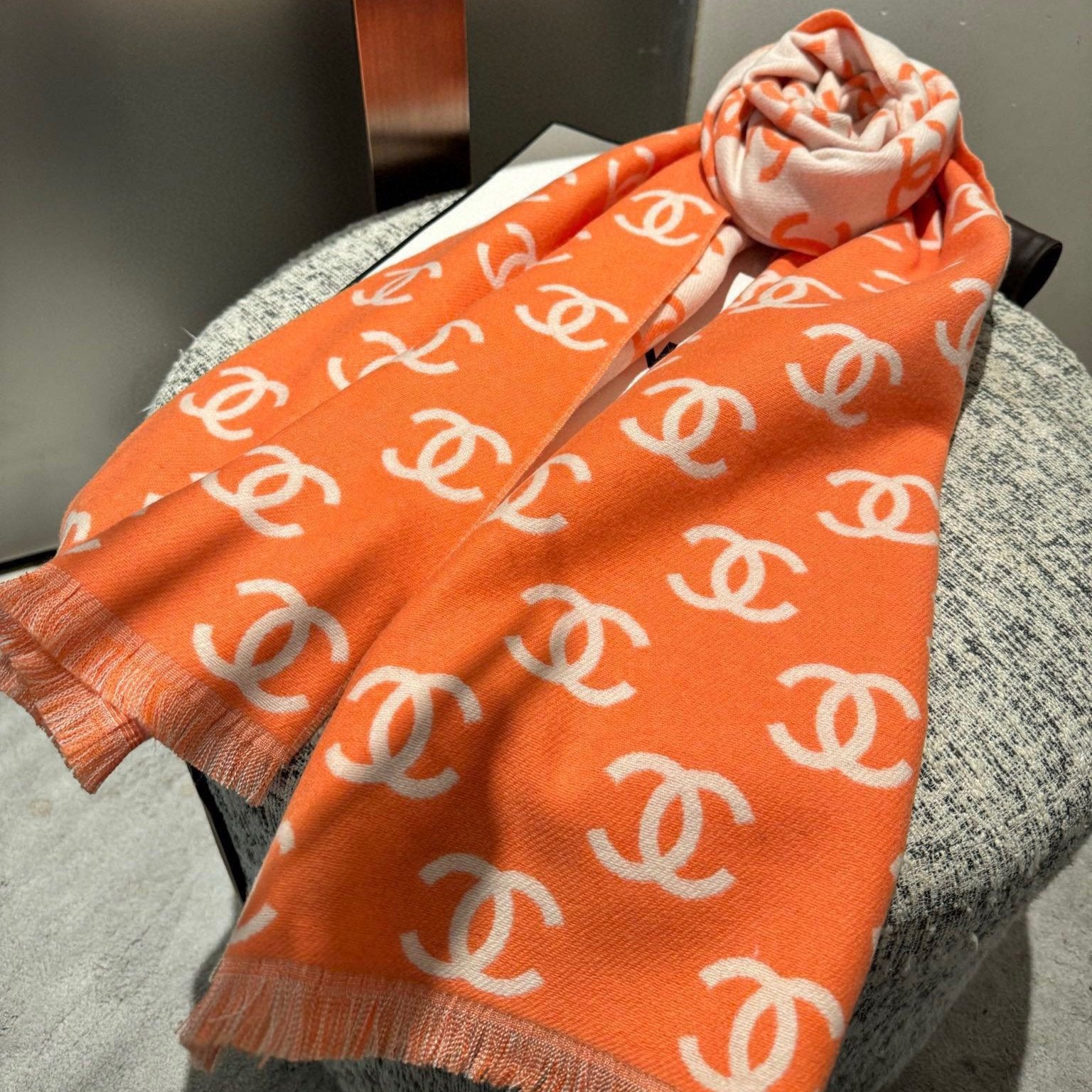 CC Scarf 180 CM In Orange Mix Beige Print Logo Wool And Cashmere 359269