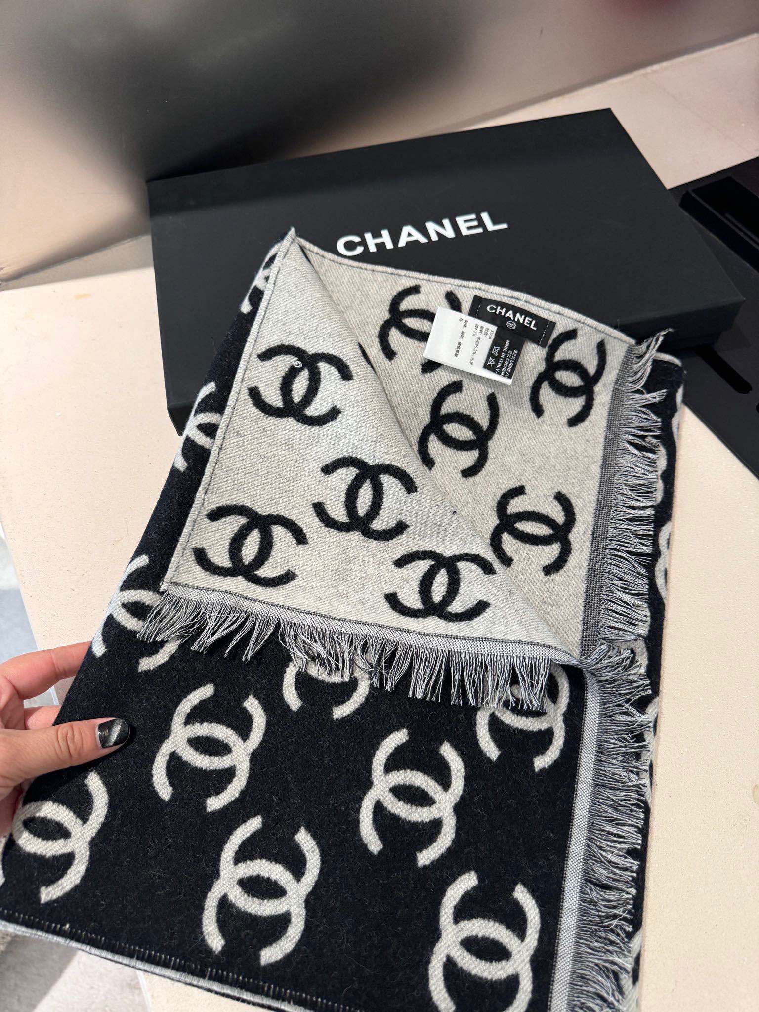 CC Scarf 180 CM In Black Mix Light Grey Print Logo Wool And Cashmere 359270