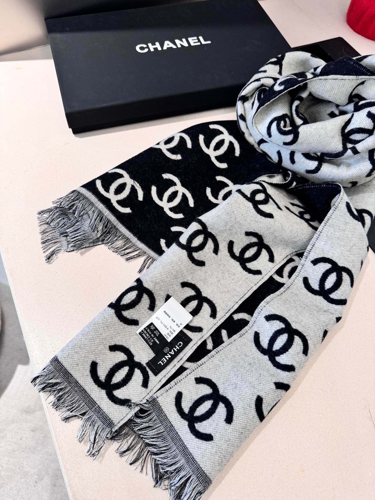CC Scarf 180 CM In Black Mix Light Grey Print Logo Wool And Cashmere 359270