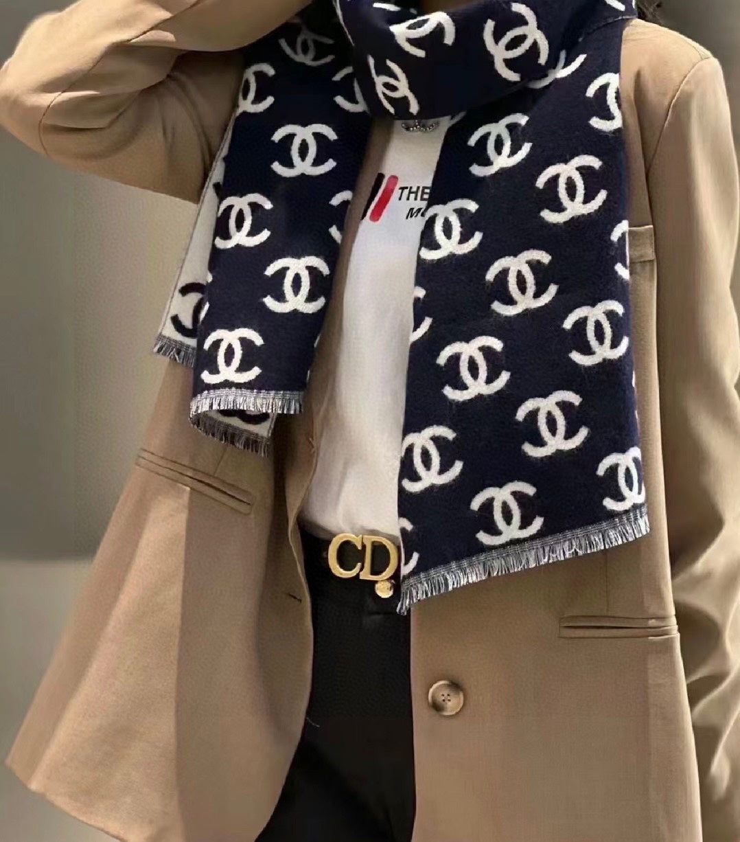 CC Scarf 180 CM In Black Mix Light Grey Print Logo Wool And Cashmere 359270