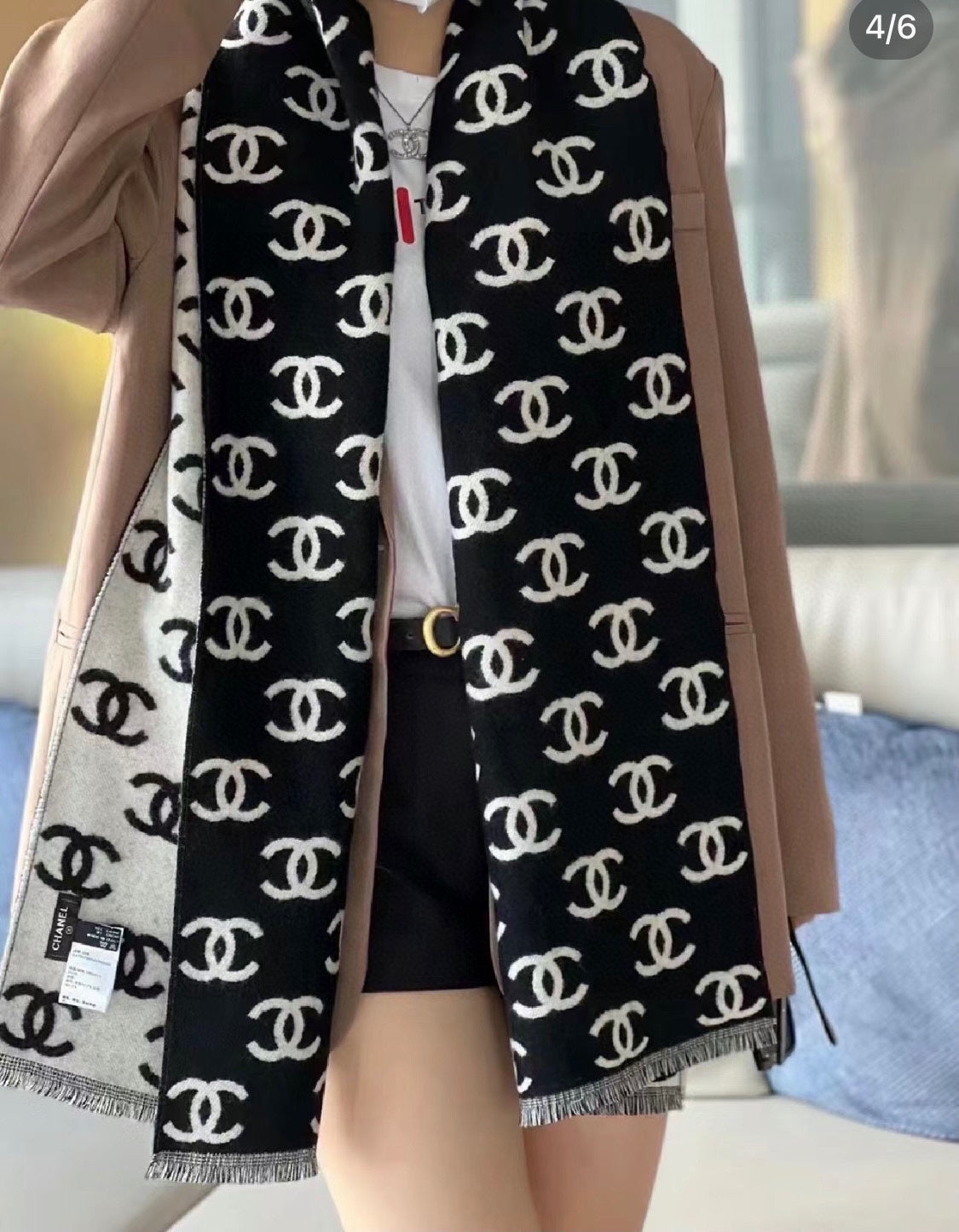 CC Scarf 180 CM In Black Mix Light Grey Print Logo Wool And Cashmere 359270