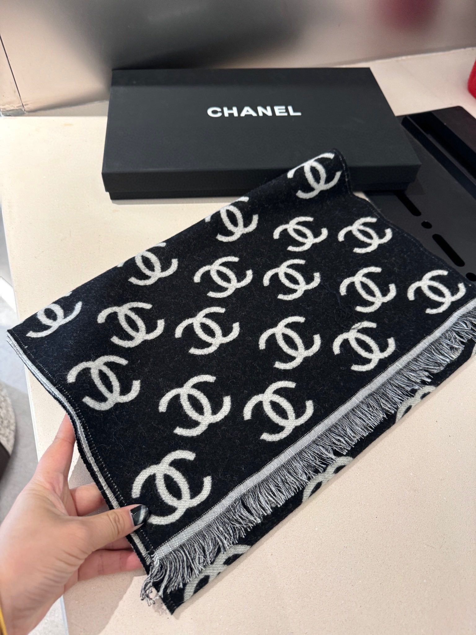 CC Scarf 180 CM In Black Mix Light Grey Print Logo Wool And Cashmere 359270