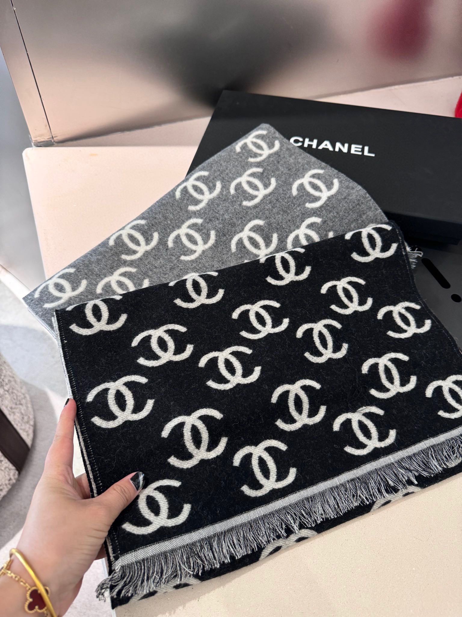 CC Scarf 180 CM In Black Mix Light Grey Print Logo Wool And Cashmere 359270