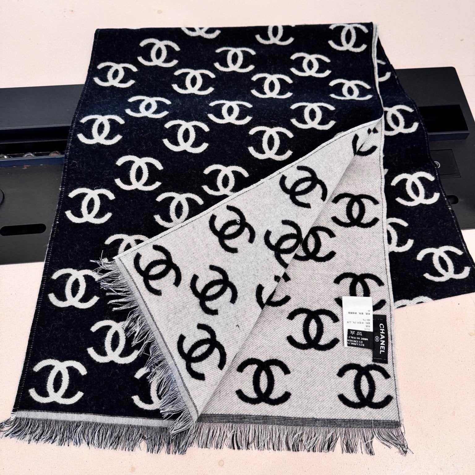 CC Scarf 180 CM In Black Mix Light Grey Print Logo Wool And Cashmere 359270