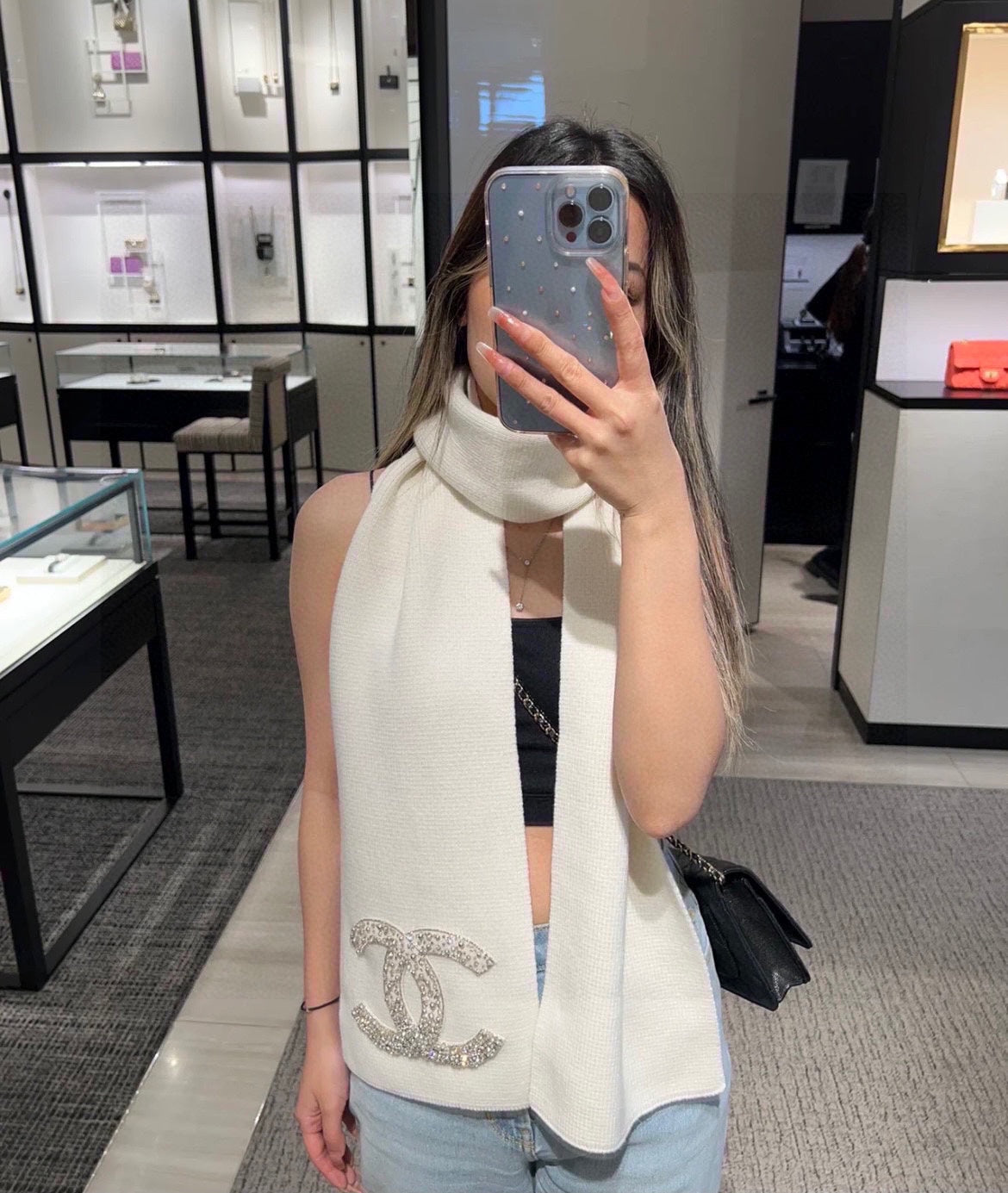 CC Rhinestone-Embellished Shawl 180 CM In White Cashmere Wool 363686
