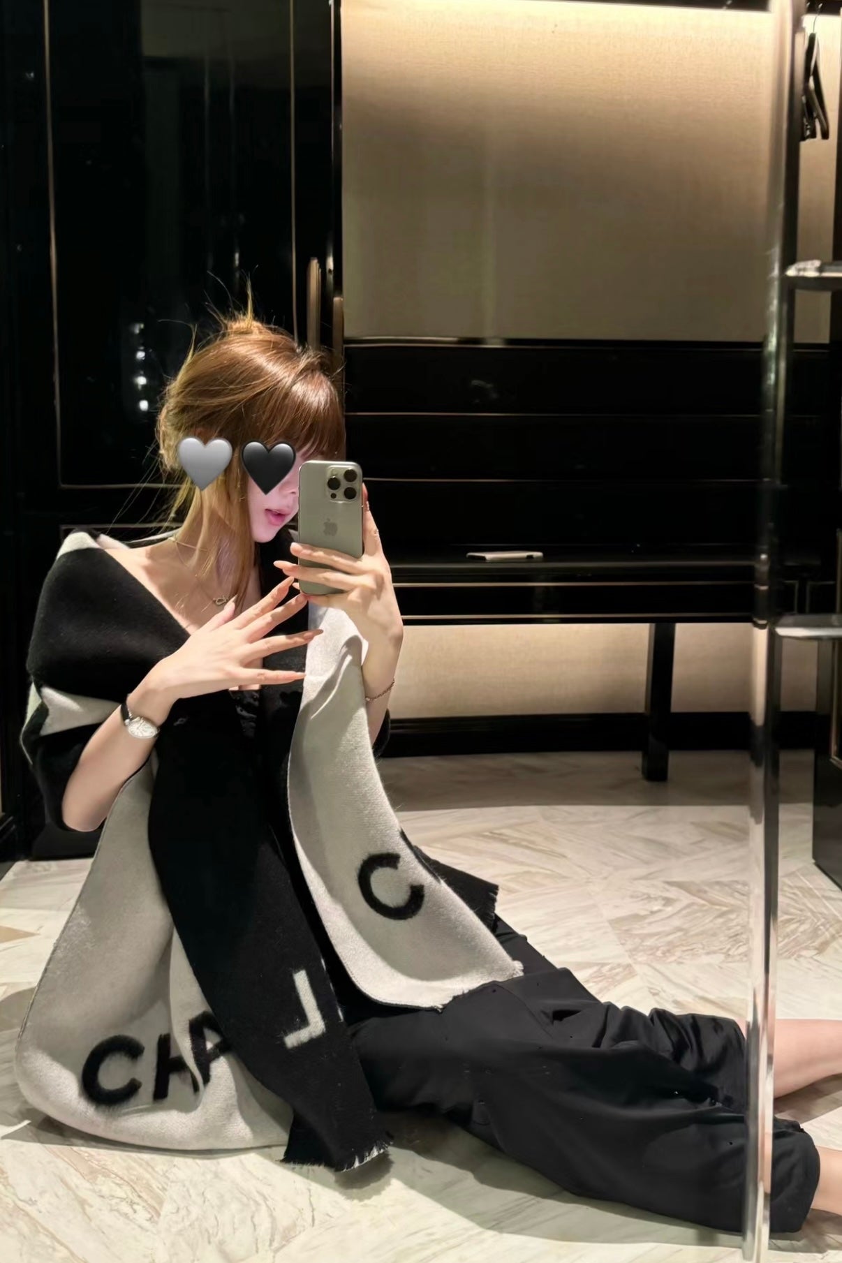 CC Scarf 200 CM In Black Mix Grey Cashmere 401299