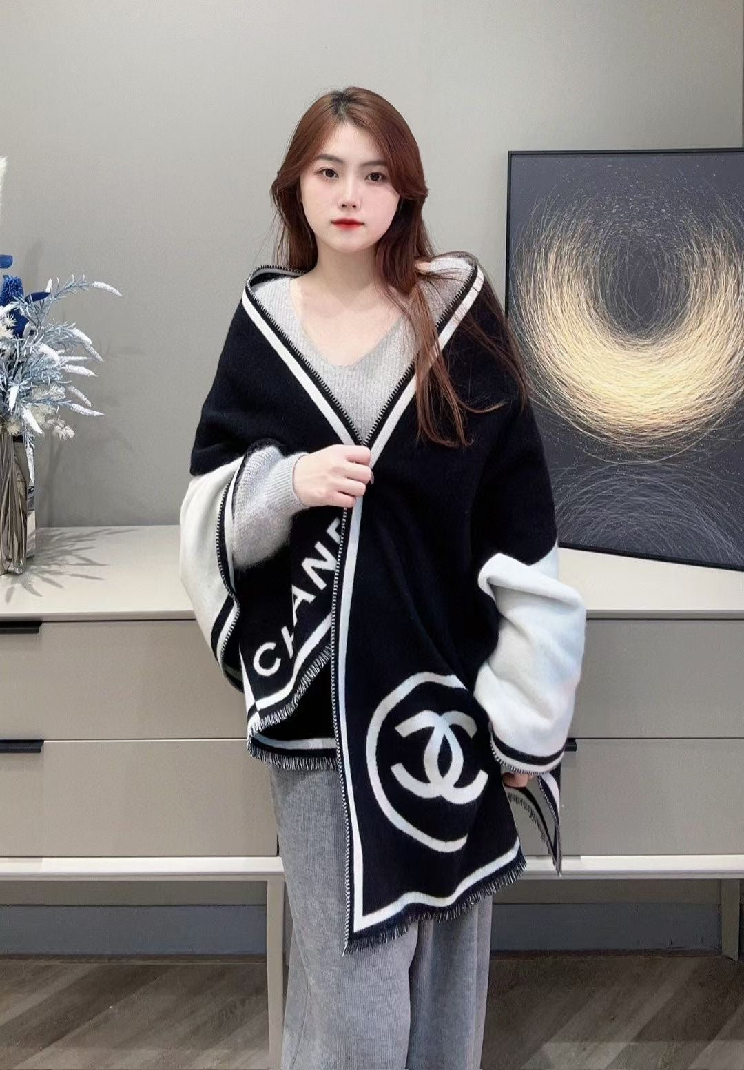 CC Scarf 200 CM In Black Mix White Cashmere 422916