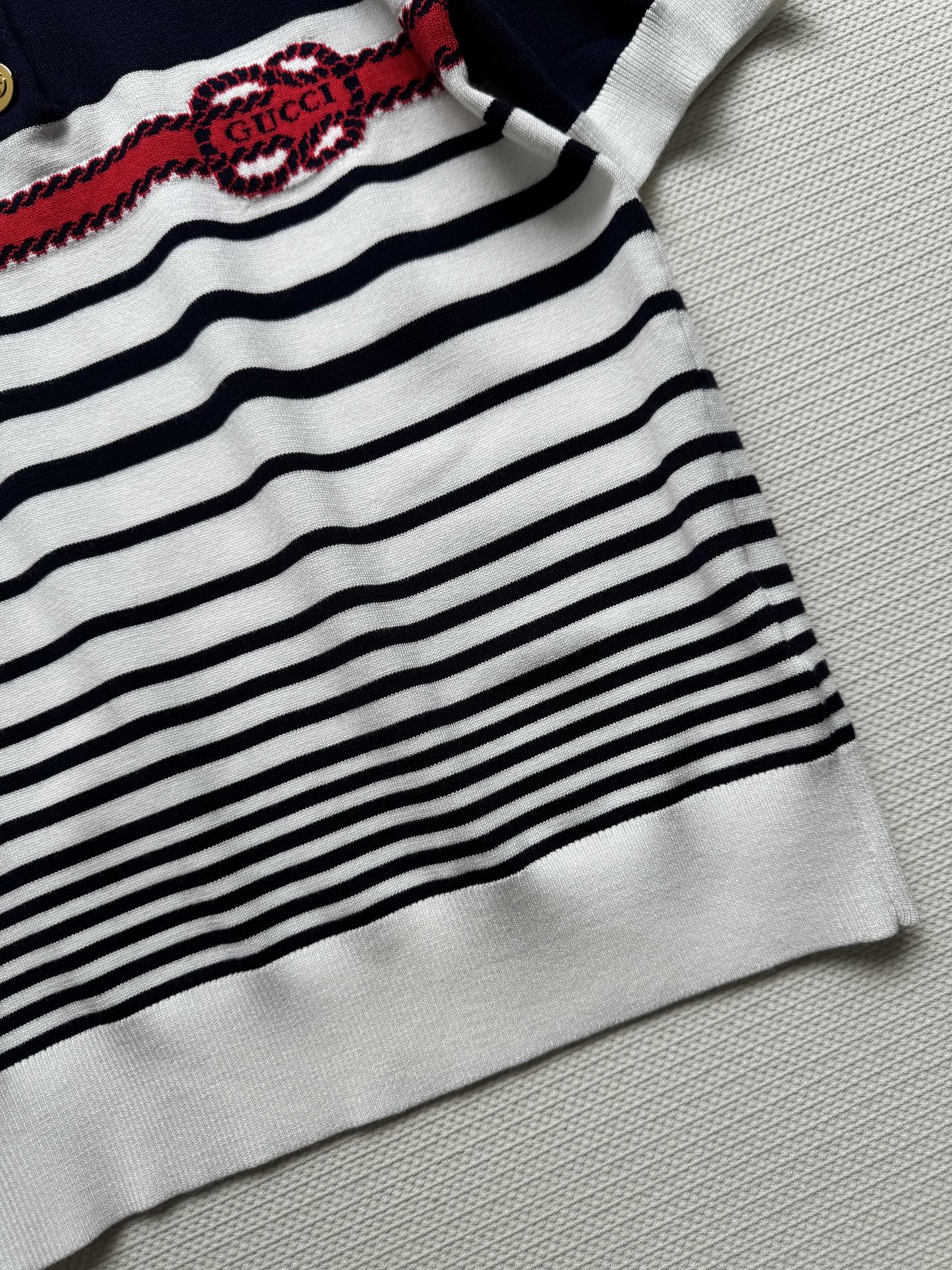 Gucci Striped Polo Knitted Top Dark Blue White Cotton