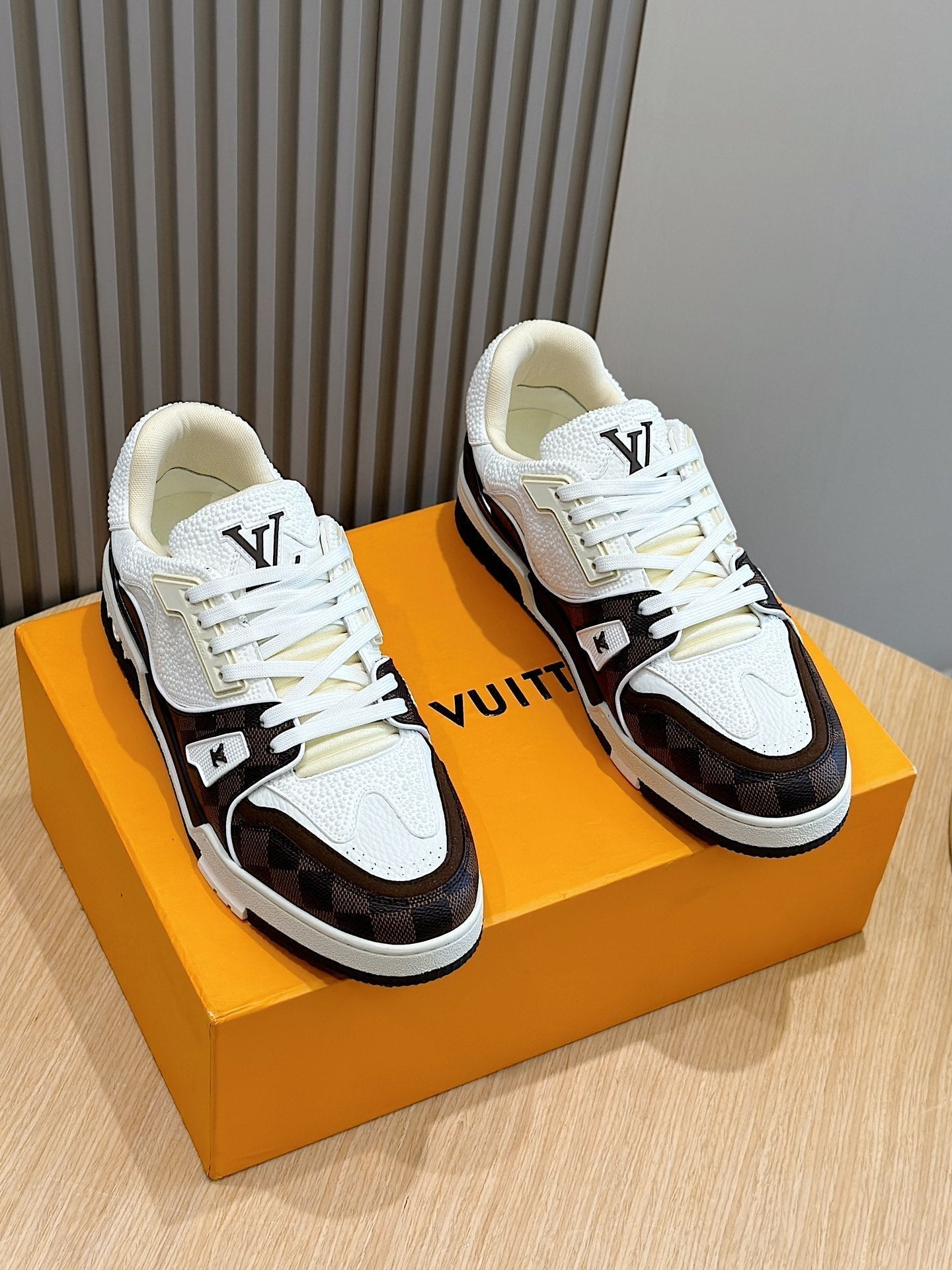 LV TRAINER CHOCOLATE BROWN DAMIER MIX WHITE GRAINED CALFSKIN