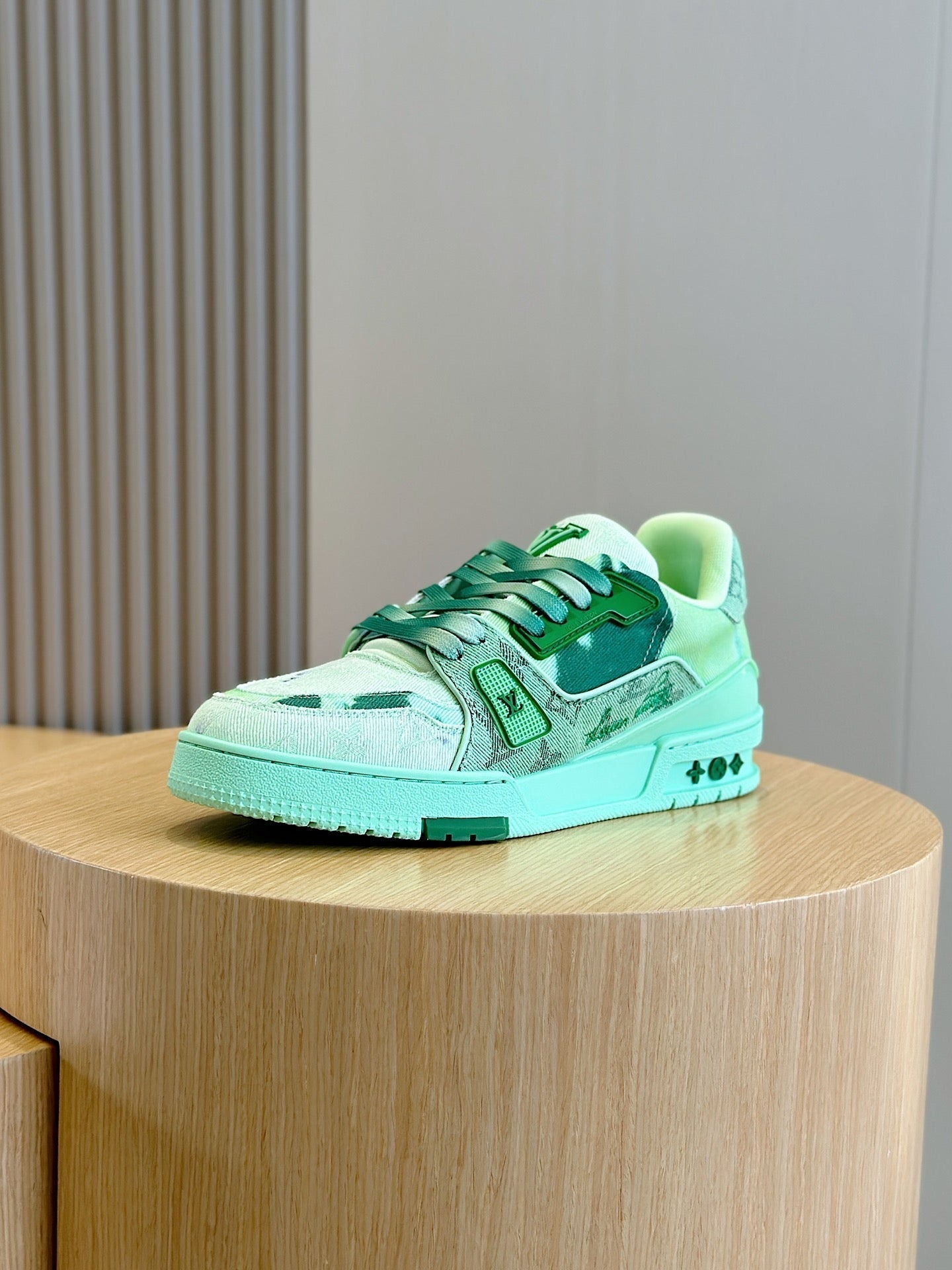 LV TRAINER SNEAKER LIGHT GREEN MONOGRAM DENIM AND CALFSKIN