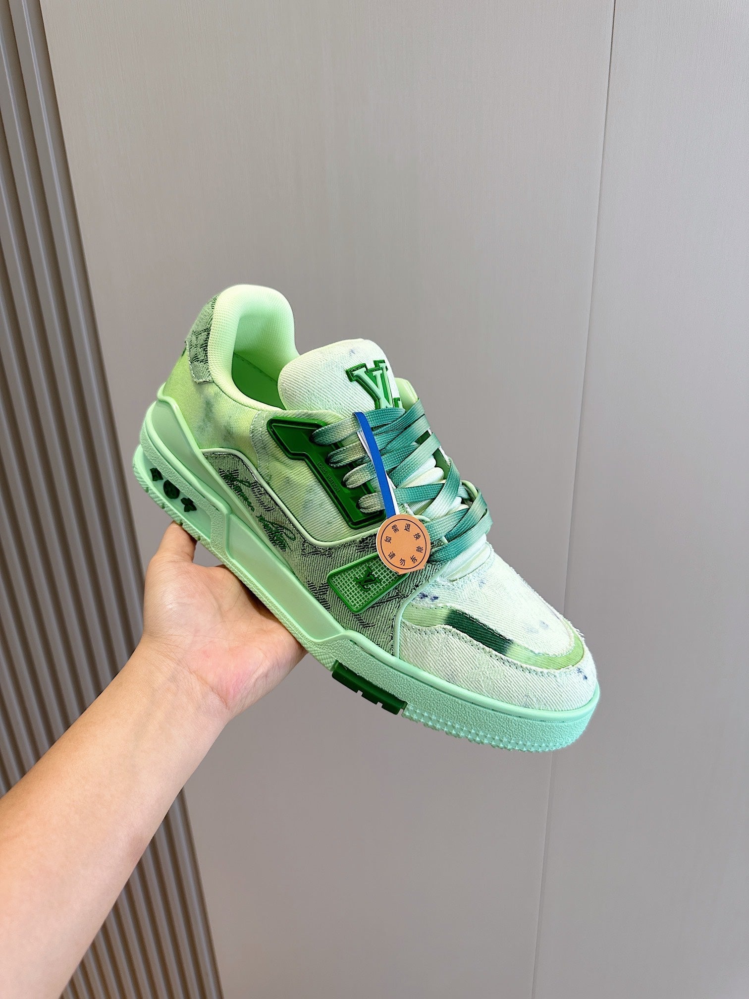 LV TRAINER SNEAKER LIGHT GREEN MONOGRAM DENIM AND CALFSKIN