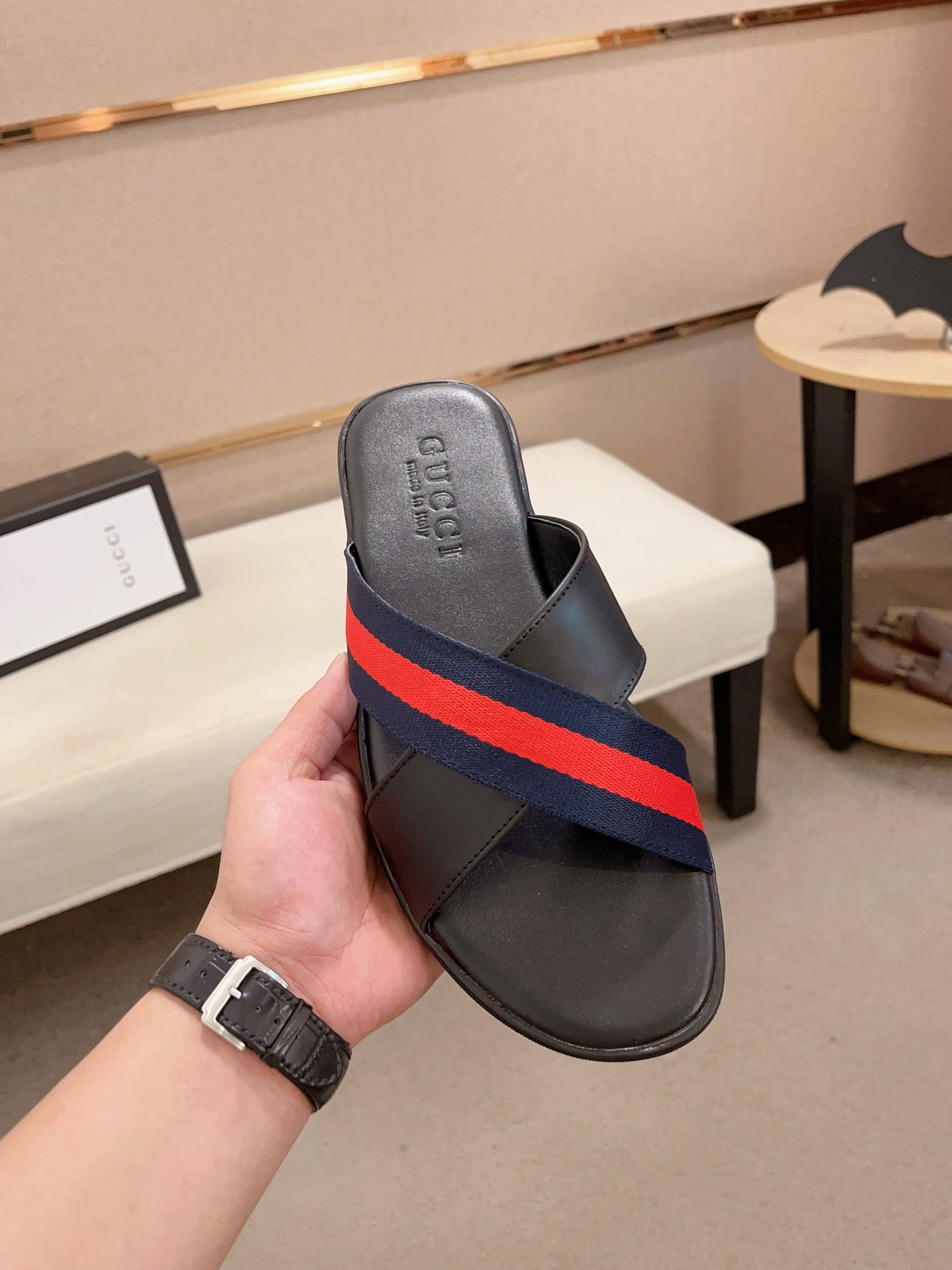 GG Men's Web Slide Black Blue Cowhide 554607