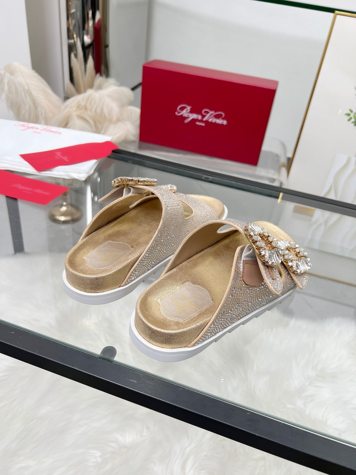 Viv 25 Slidy Diamond Slippers Gold PVC Silk Cowhide 259286