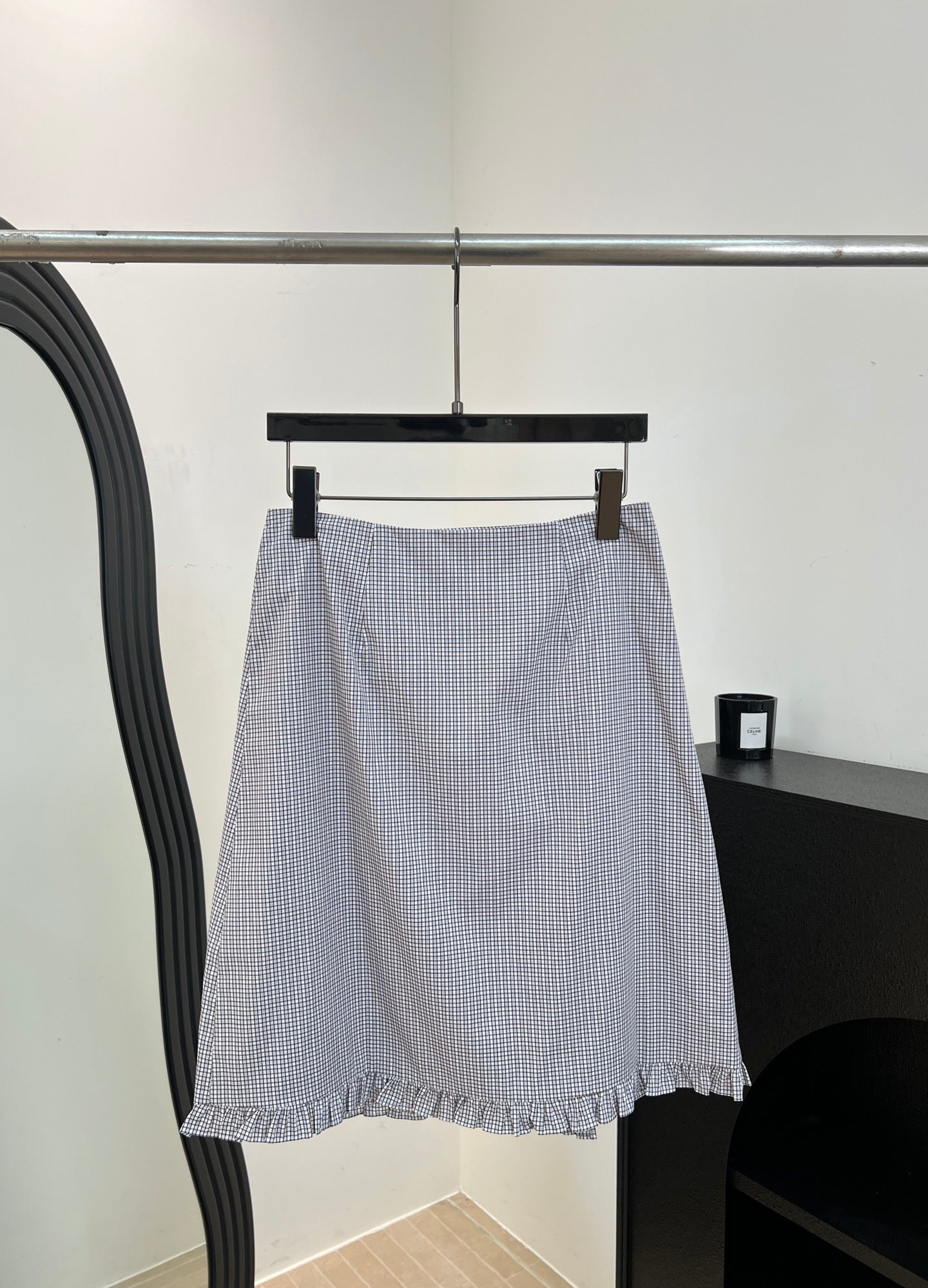 Miumiu 2026 Plaid Ruffled Hem Skirt Grey Cotton 434133