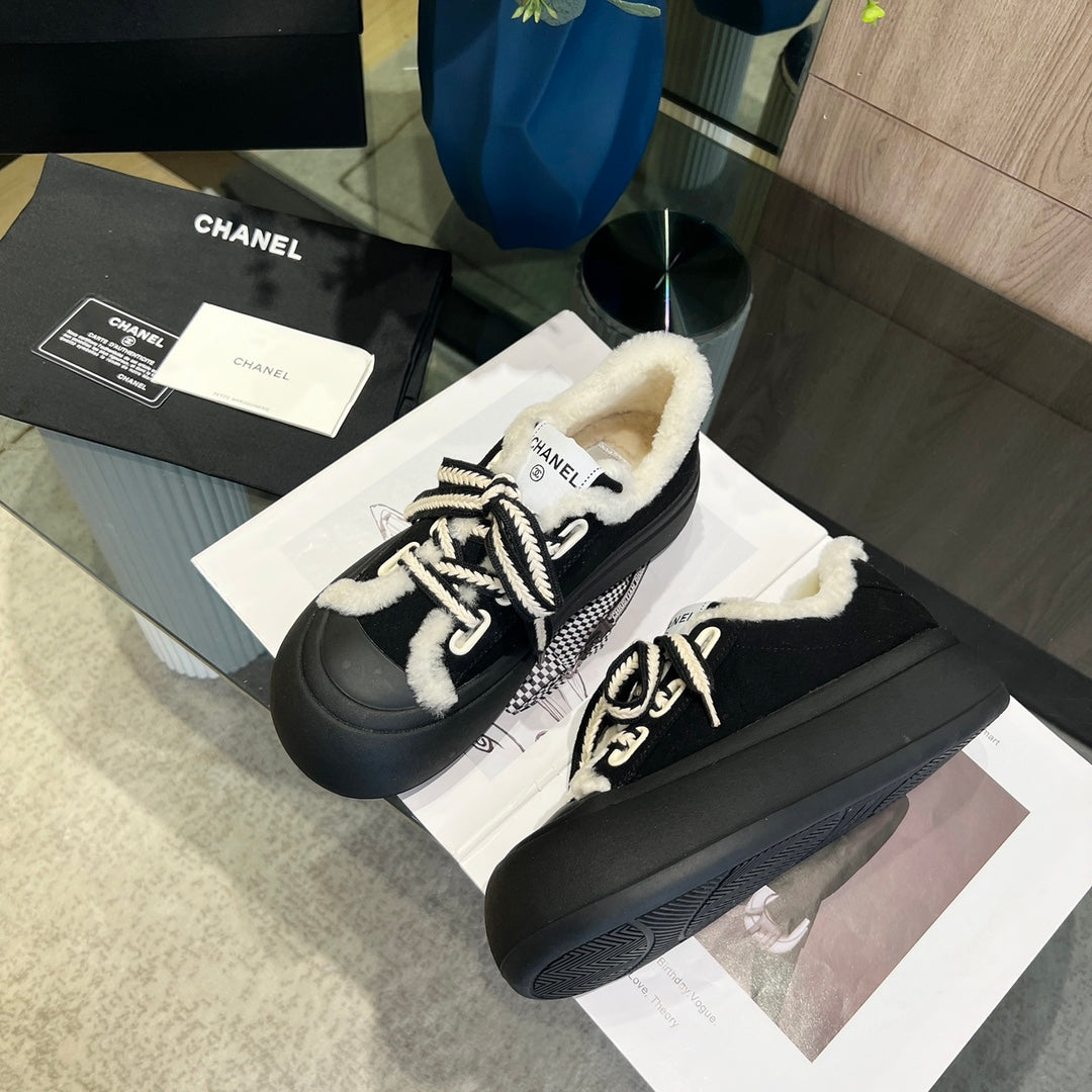 CC Sneaker Thick-Soled Black Suede Wool Lining Fleece