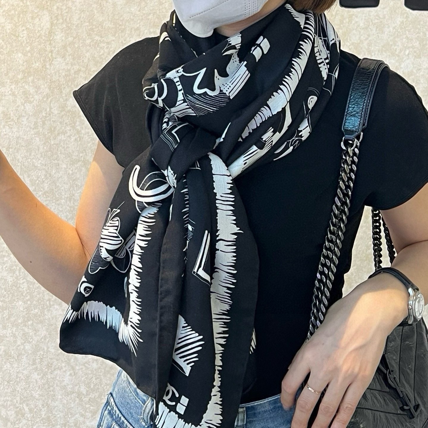 CC Scarf 185 CM In Black White Cashmere Silk  182459