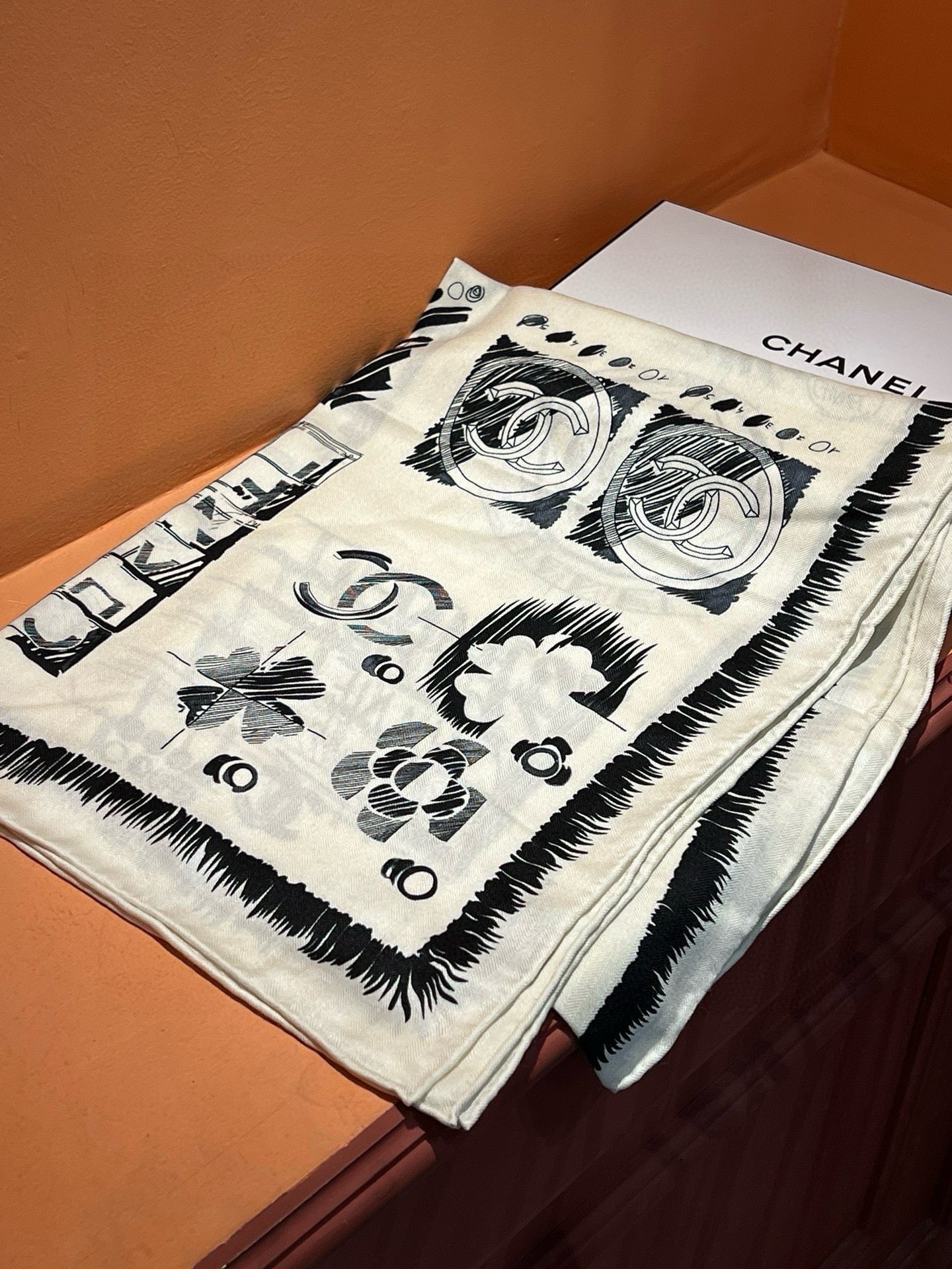 CC Scarf 185 CM In White Black Cashmere Silk  182460