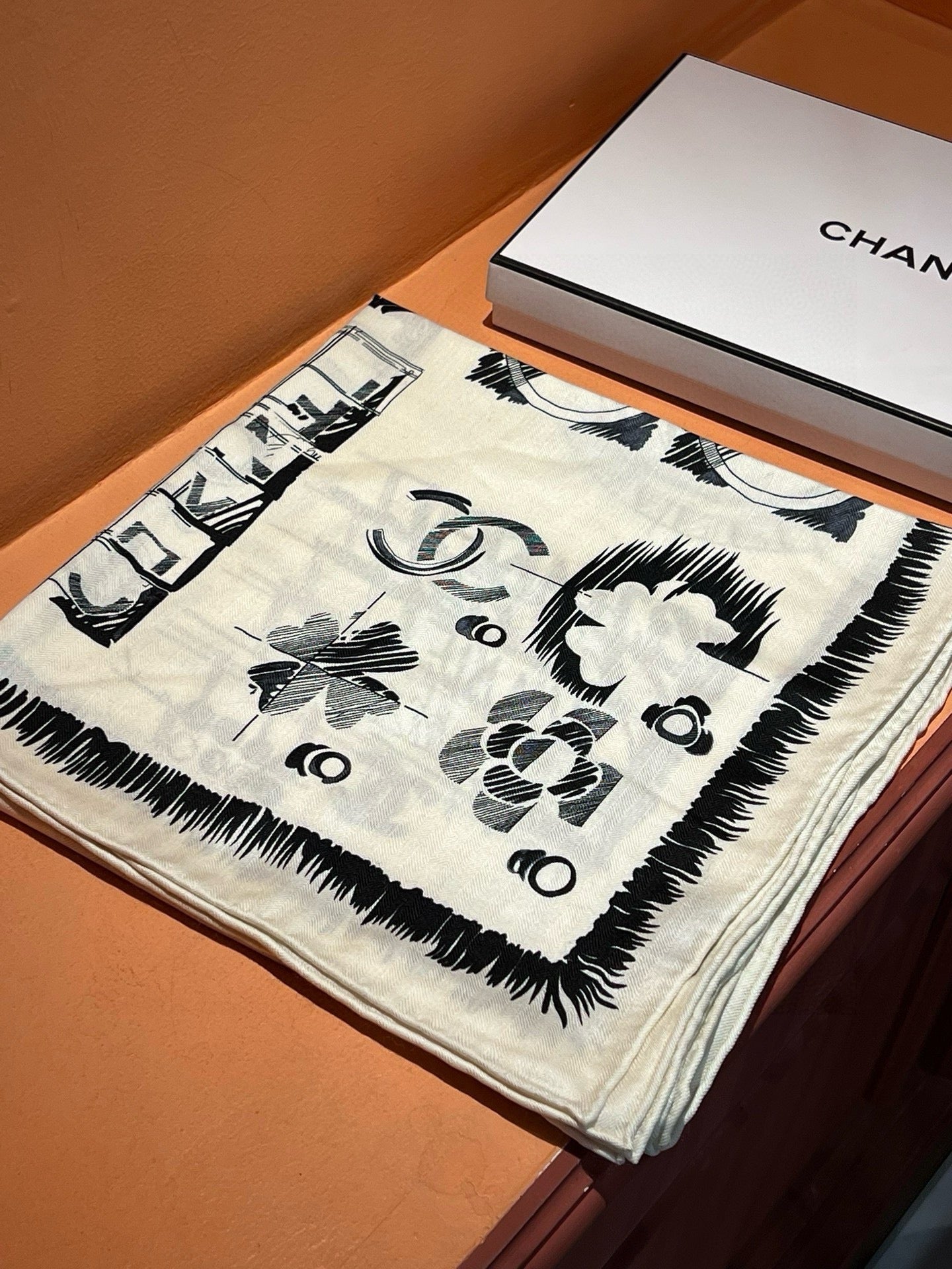 CC Scarf 185 CM In White Black Cashmere Silk  182460