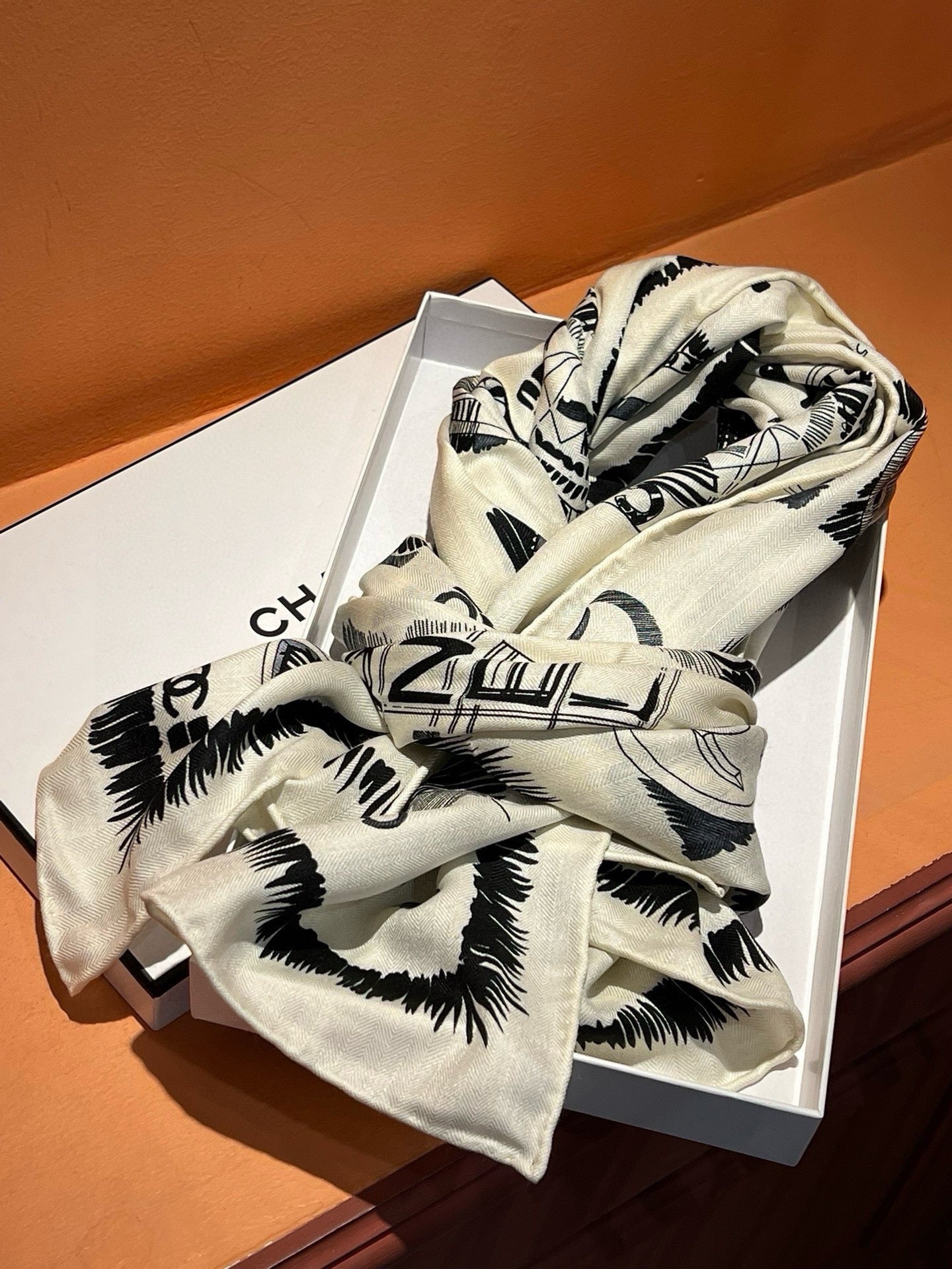 CC Scarf 185 CM In White Black Cashmere Silk  182460