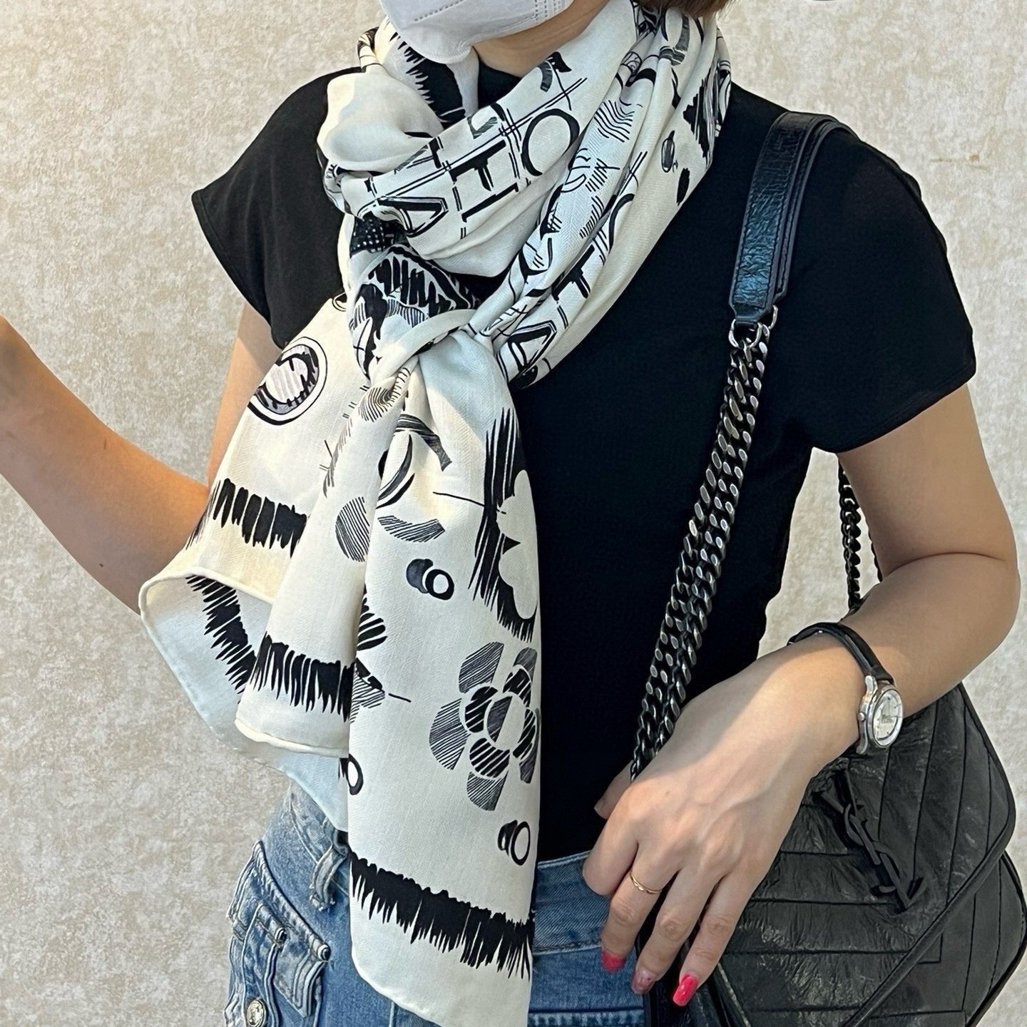 CC Scarf 185 CM In White Black Cashmere Silk  182460