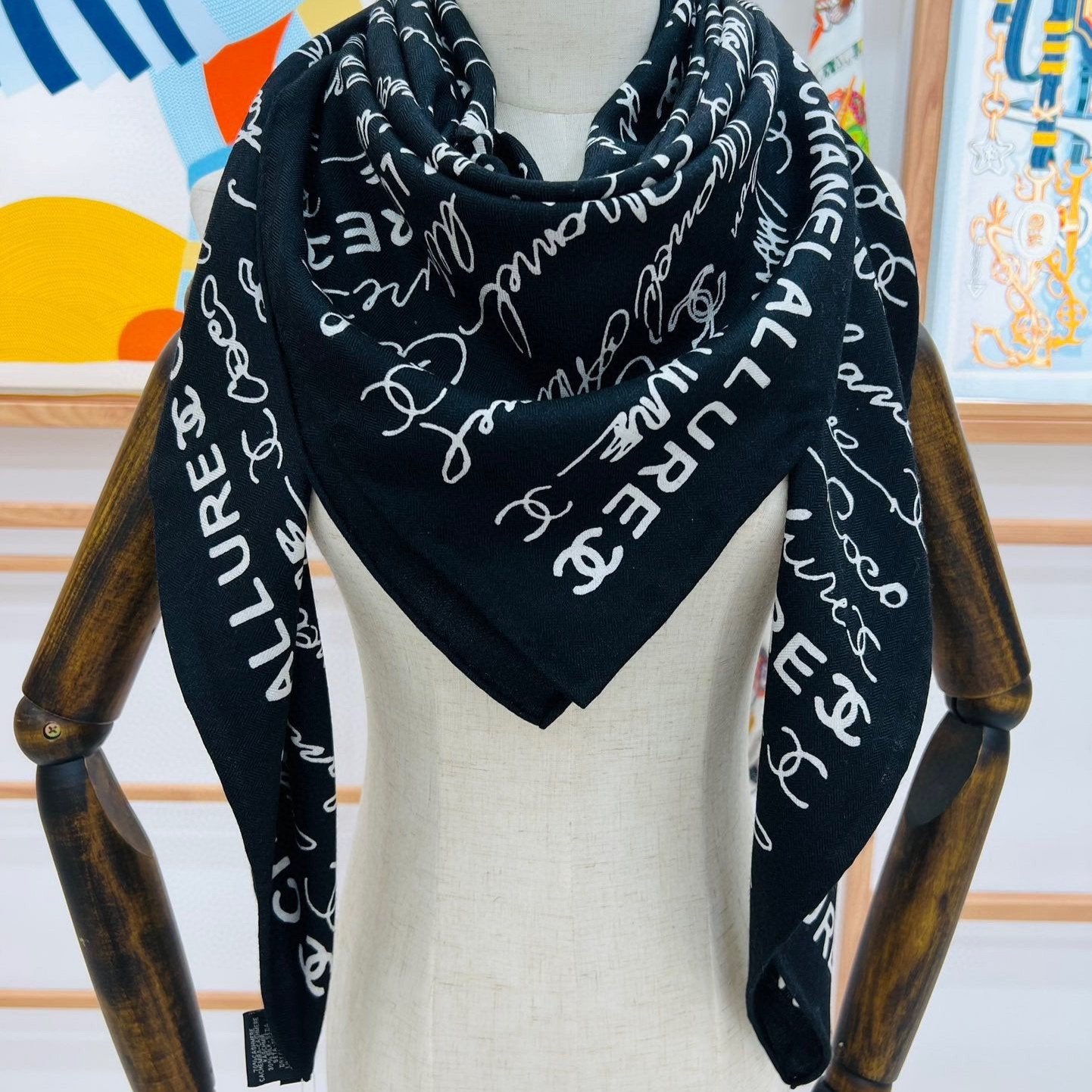 CC Square Scarf 140 CM In Black With White Text Cashmere And Silk 286378