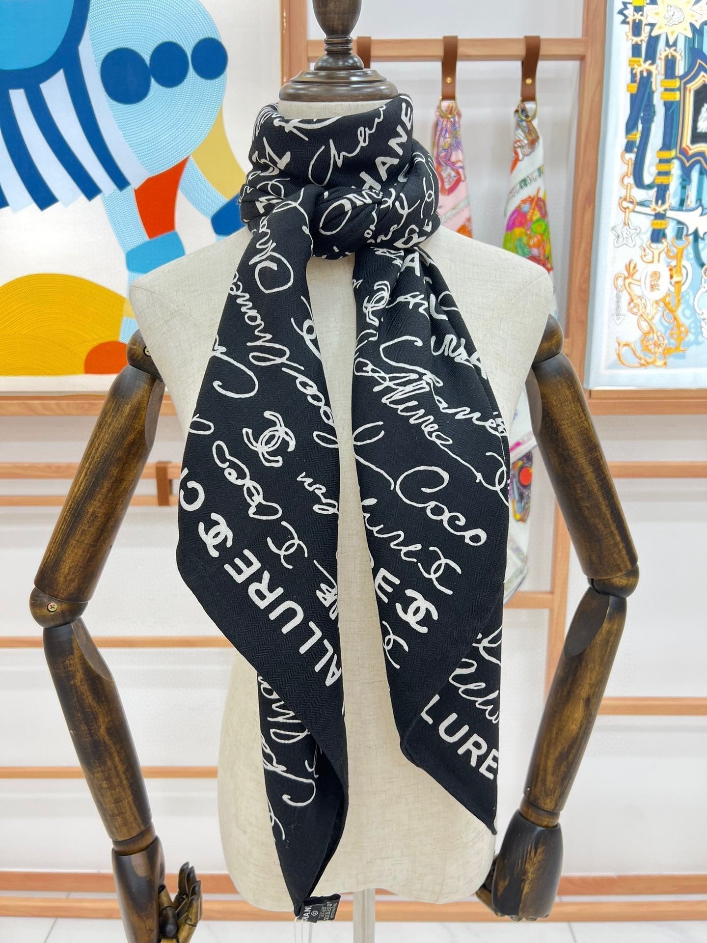 CC Square Scarf 140 CM In Black With White Text Cashmere And Silk 286378