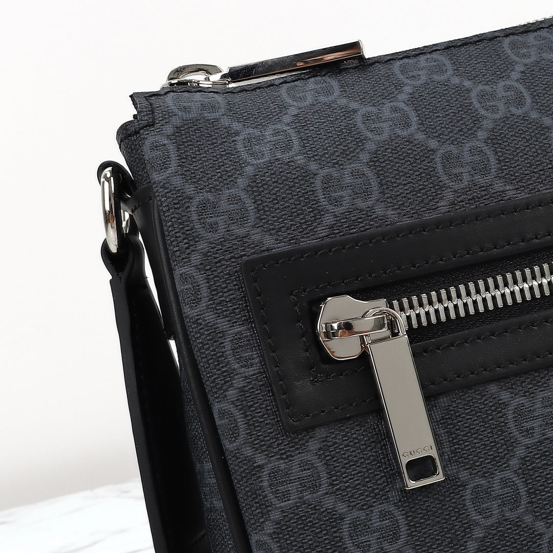 Gucci 2026 Flatpack Small Messenger Bag 24cm Black Dark Gray Canvas Leather