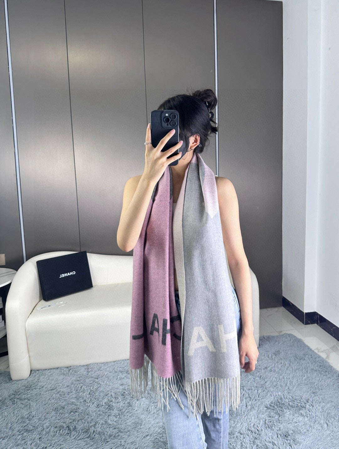 CC Scarf 180 CM In Grey Mix Pink Cashmere Wool 368880