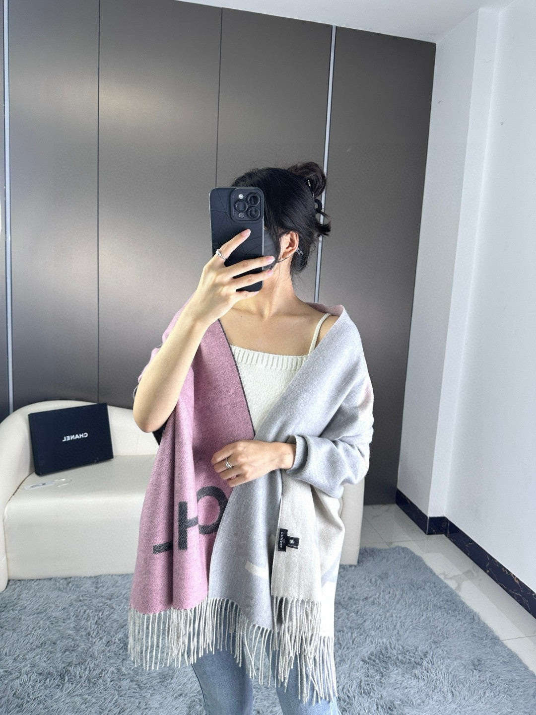 CC Scarf 180 CM In Grey Mix Pink Cashmere Wool 368880