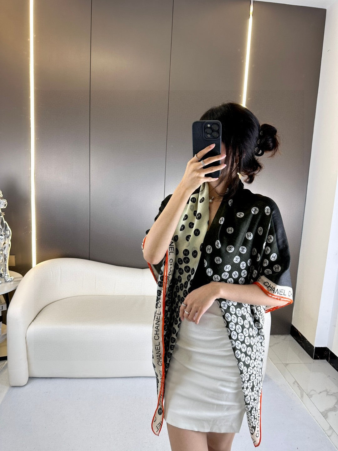 CC Square Scarf 140 CM In Black Mix White Cashmere 390937