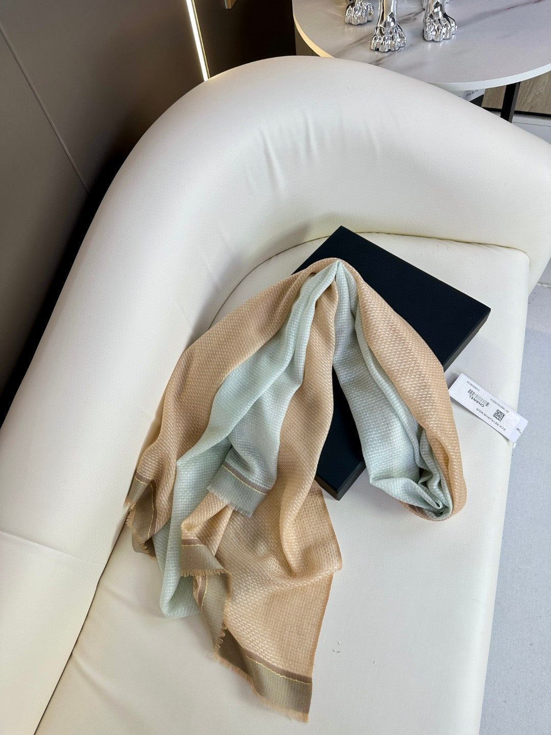 CC Scarf 200 CM In Grey Blue Mix Beige Cashmere Silk 390938