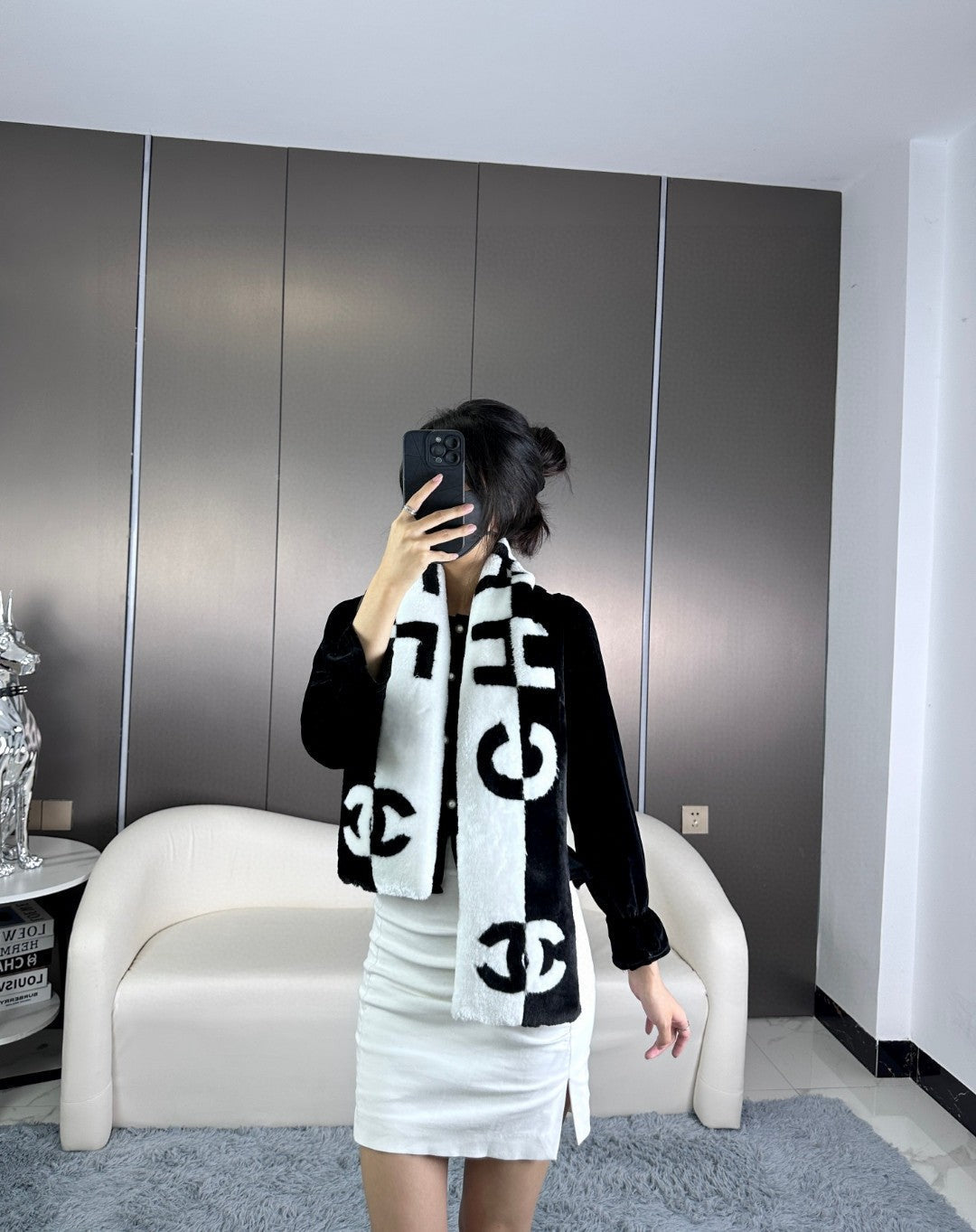 CC Scarf 120 CM In Black Mix White Fleece Wool 396432