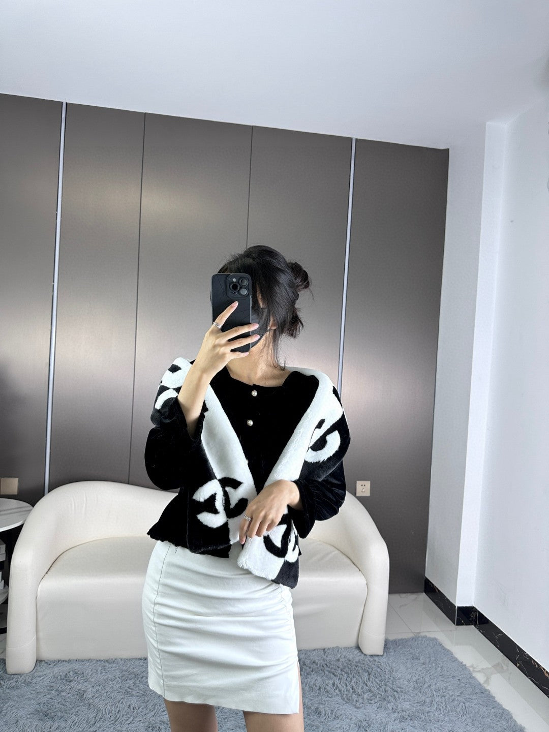 CC Scarf 120 CM In Black Mix White Fleece Wool 396432