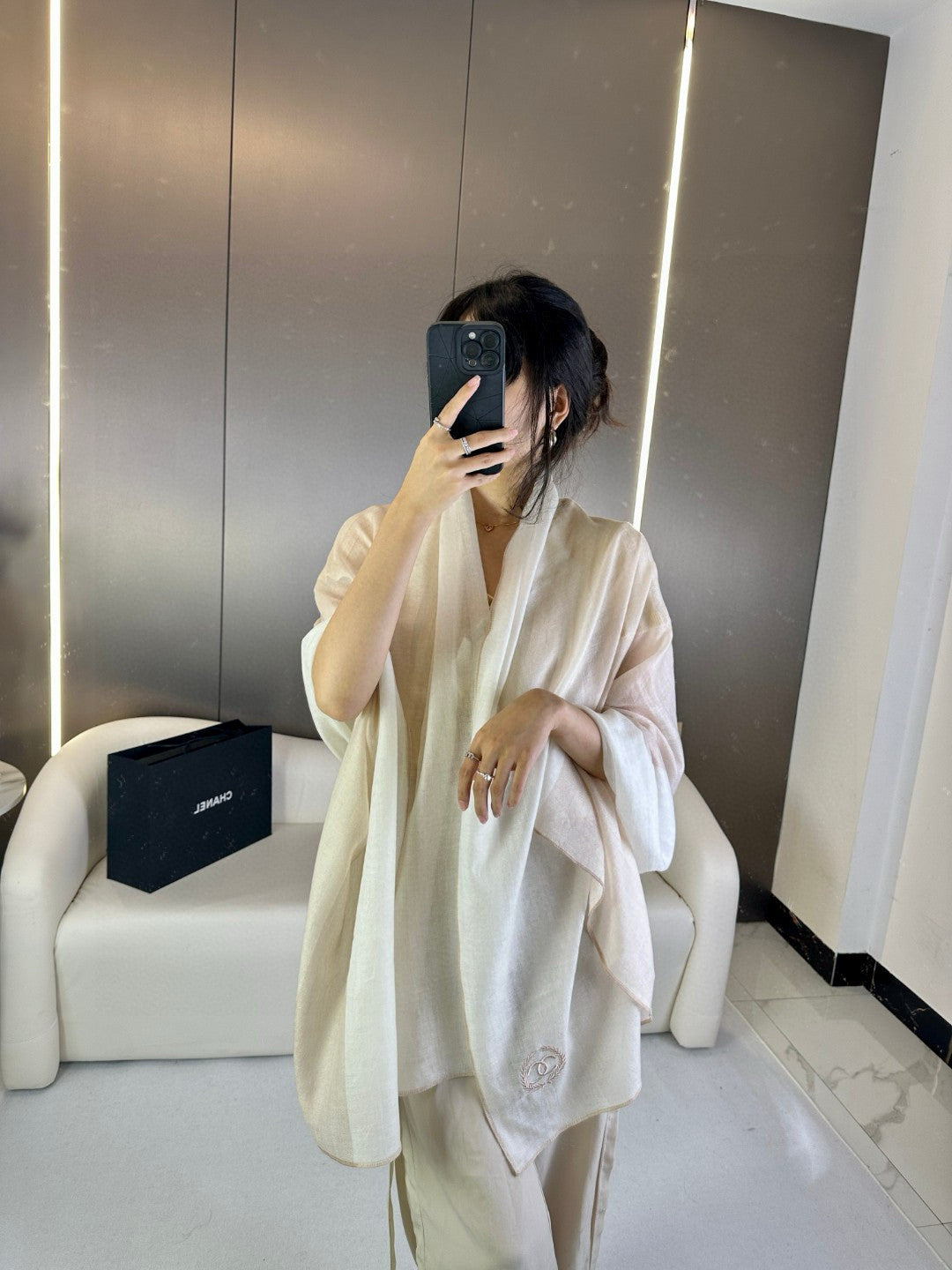 CC Scarf 200 CM In Light Beige Mix Dark Beige Cashmere Silk 396446