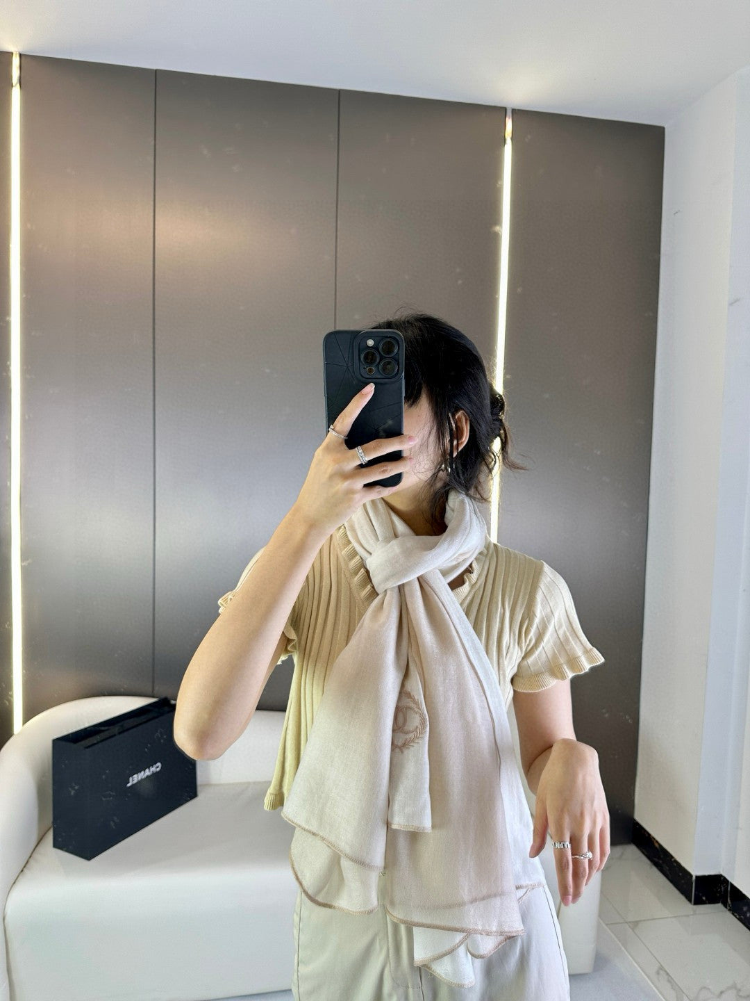 CC Scarf 200 CM In Light Beige Mix Dark Beige Cashmere Silk 396446