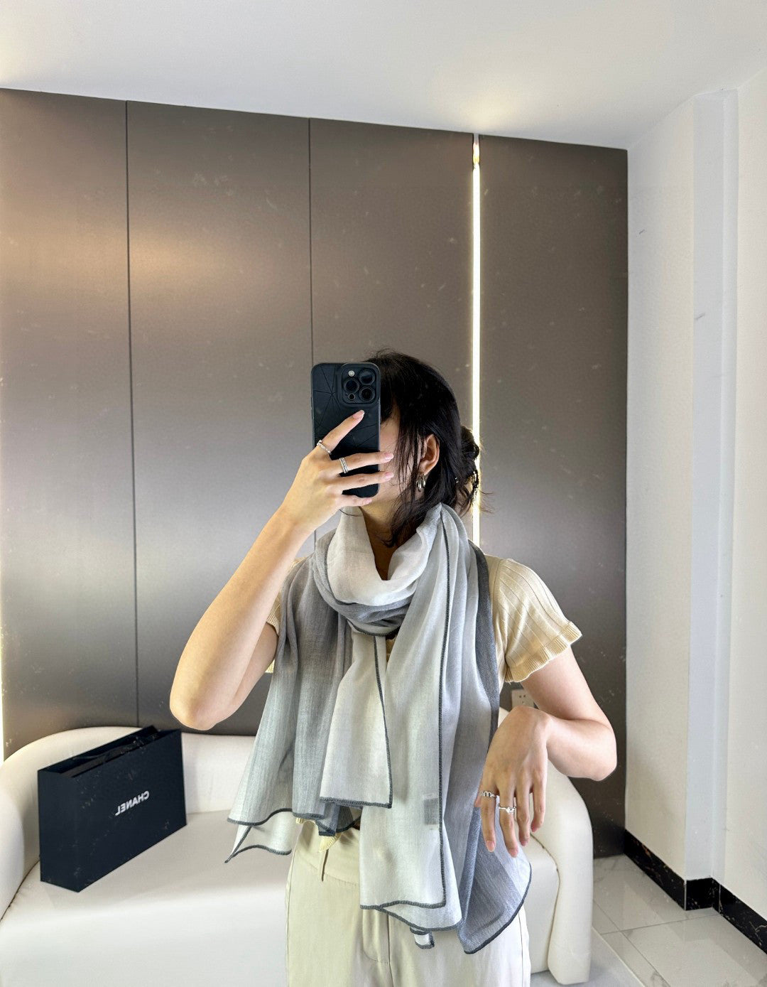 CC Scarf 200 CM In Light Grey Mix White Dark Grey Cashmere Silk 396448
